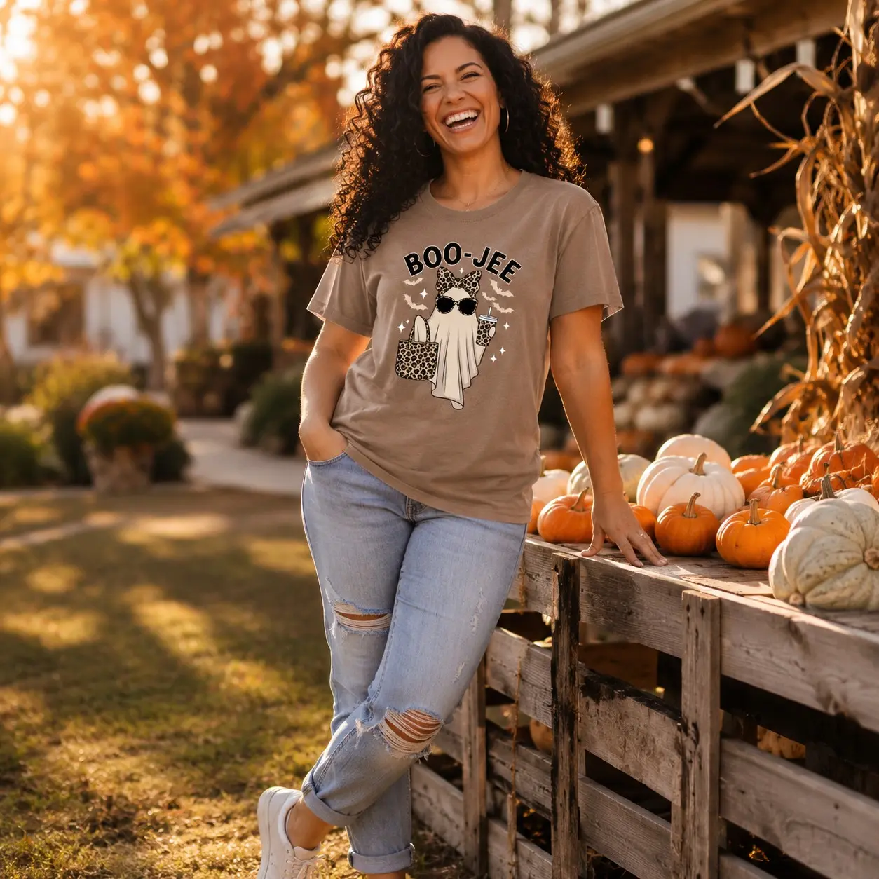 Comfort Colors Boo-jee Halloween Shirt, Leopard Ghost Cute Spooky Season Graphic Tee for Women - photo 2