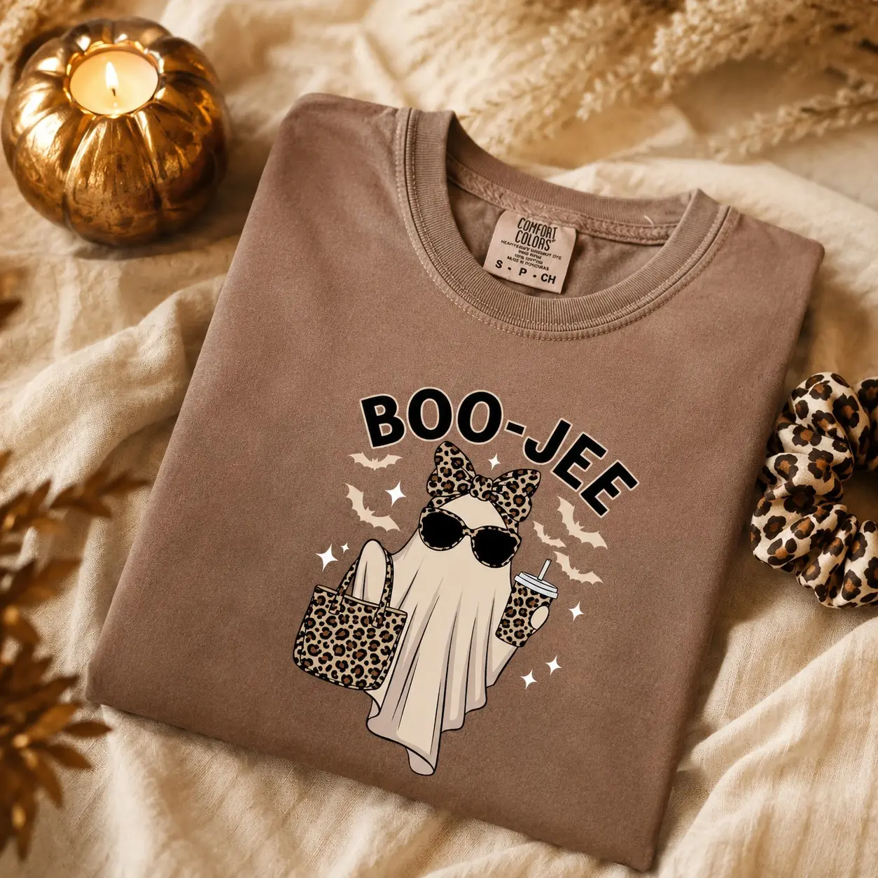 Comfort Colors Boo-jee Halloween Shirt, Leopard Ghost Cute Spooky Season Graphic Tee for Women - photo 4