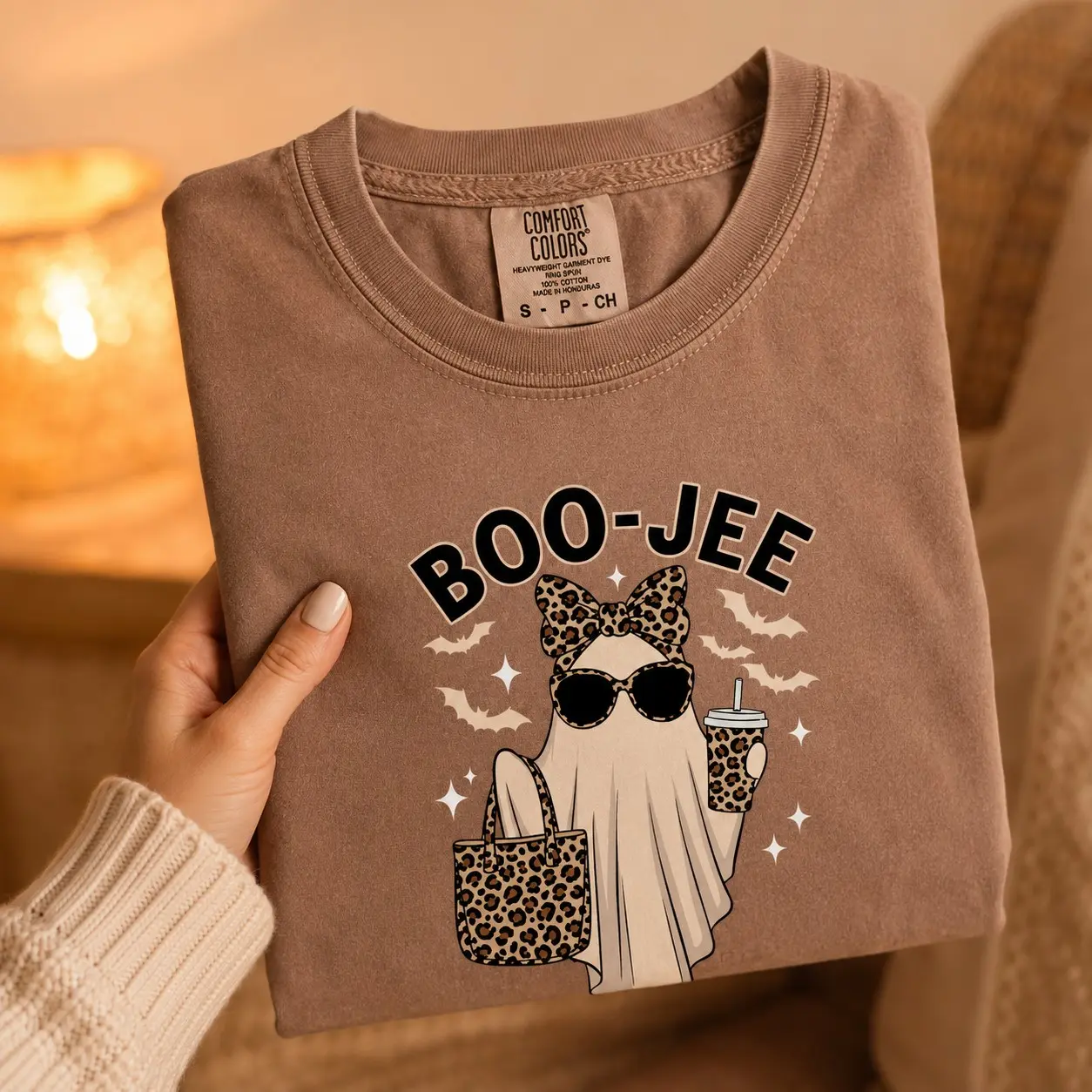 Comfort Colors Boo-jee Halloween Shirt, Leopard Ghost Cute Spooky Season Graphic Tee for Women - photo 5