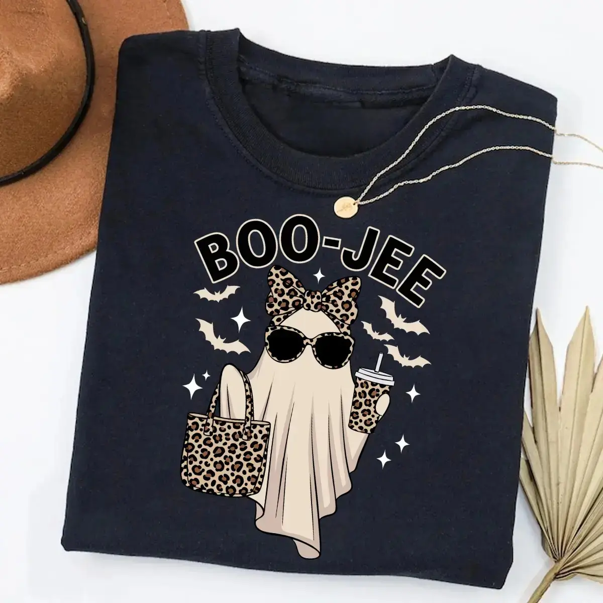 Boo-jee Halloween Shirt, Leopard Ghost Graphic Tee, Cute Spooky Season Funny Trendy Fall Top for Women