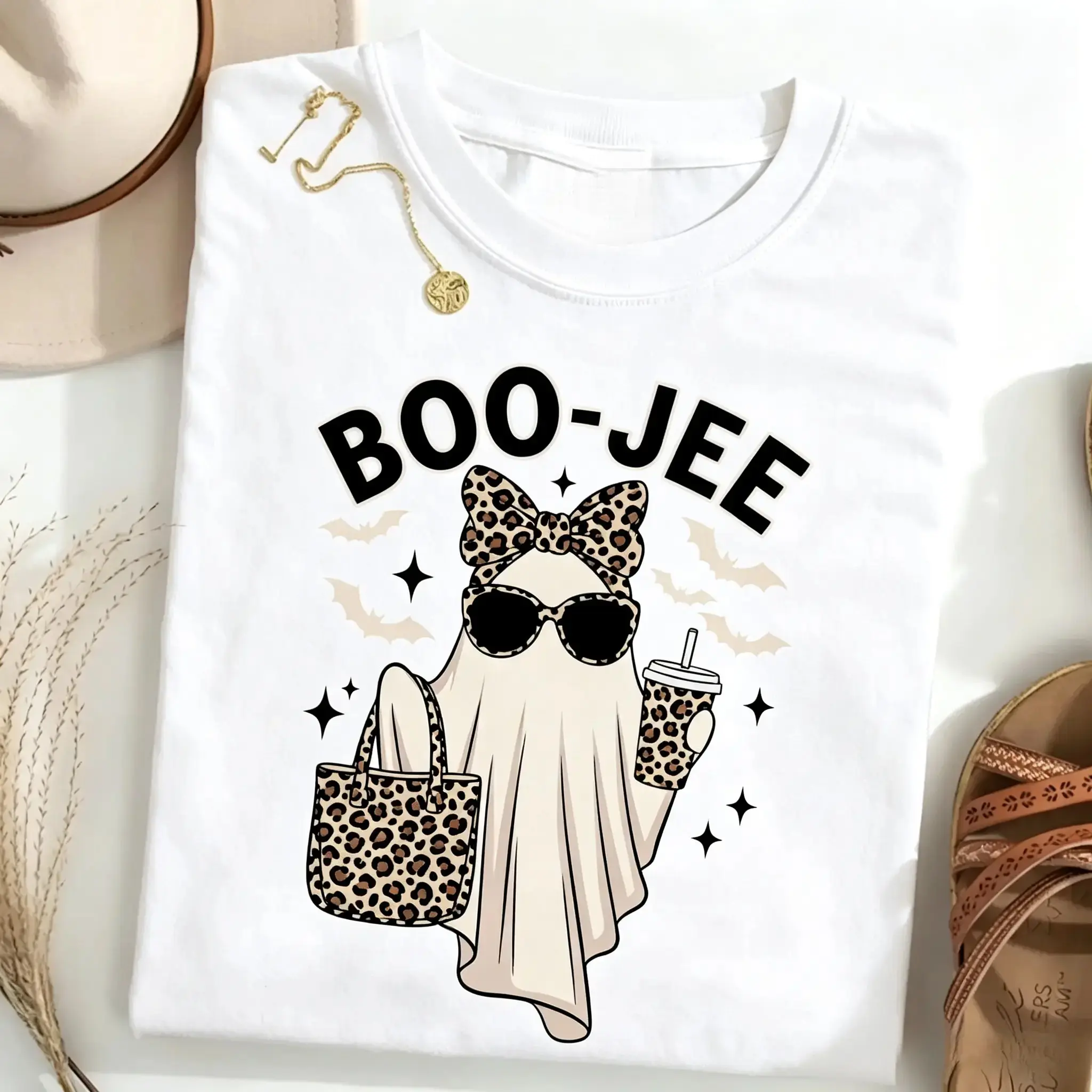 Boo-jee Halloween Shirt, Leopard Ghost Graphic Tee, Cute Spooky Season Funny Trendy Fall Top for Women - photo 3