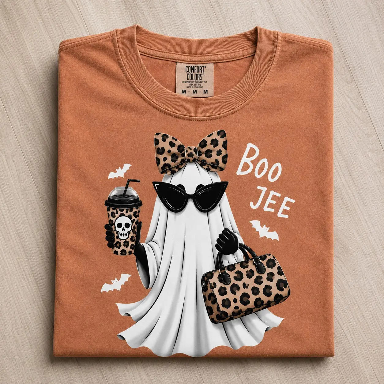 Boo-Jee Leopard Ghost Comfort Colors Shirt, Coffee Funny Fall Graphic Tee, Girly Halloween Gift