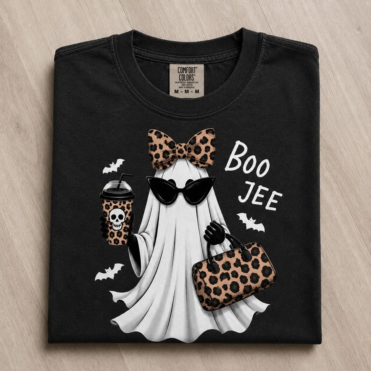 Boo-Jee Leopard Ghost Comfort Colors Shirt, Coffee Funny Fall Graphic Tee, Girly Halloween Gift - photo 3
