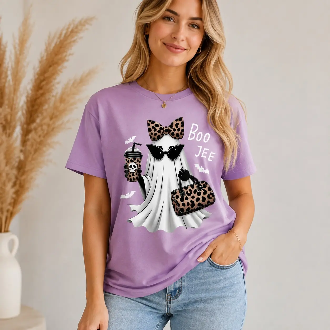 Boo-Jee Leopard Ghost Comfort Colors Shirt, Coffee Funny Fall Graphic Tee, Girly Halloween Gift - photo 4