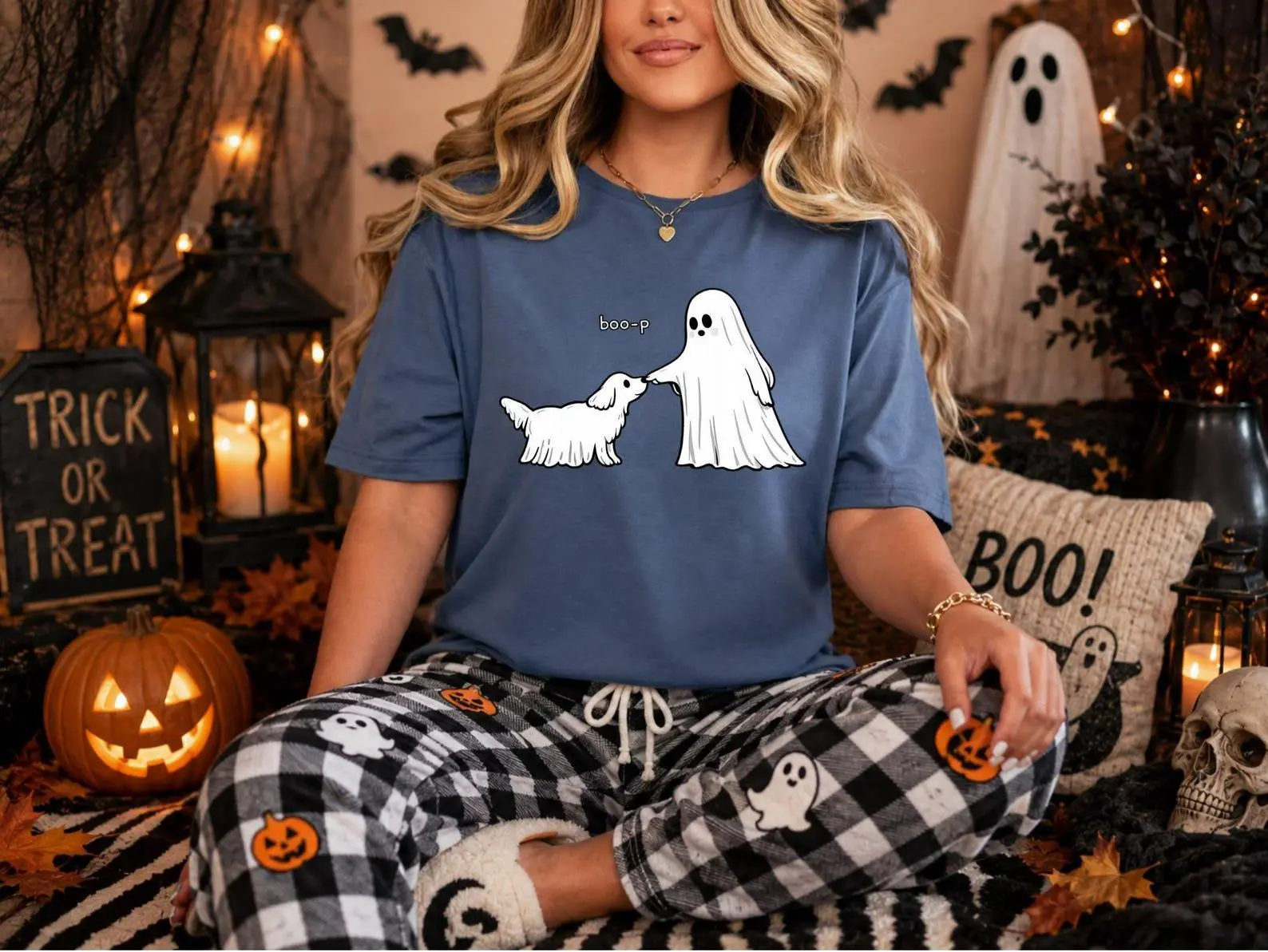 Boo-P Cute Ghost Dog Halloween Shirt, Funny Spooky Season Graphic Tee, Pet Owner Lover Gift - photo 2