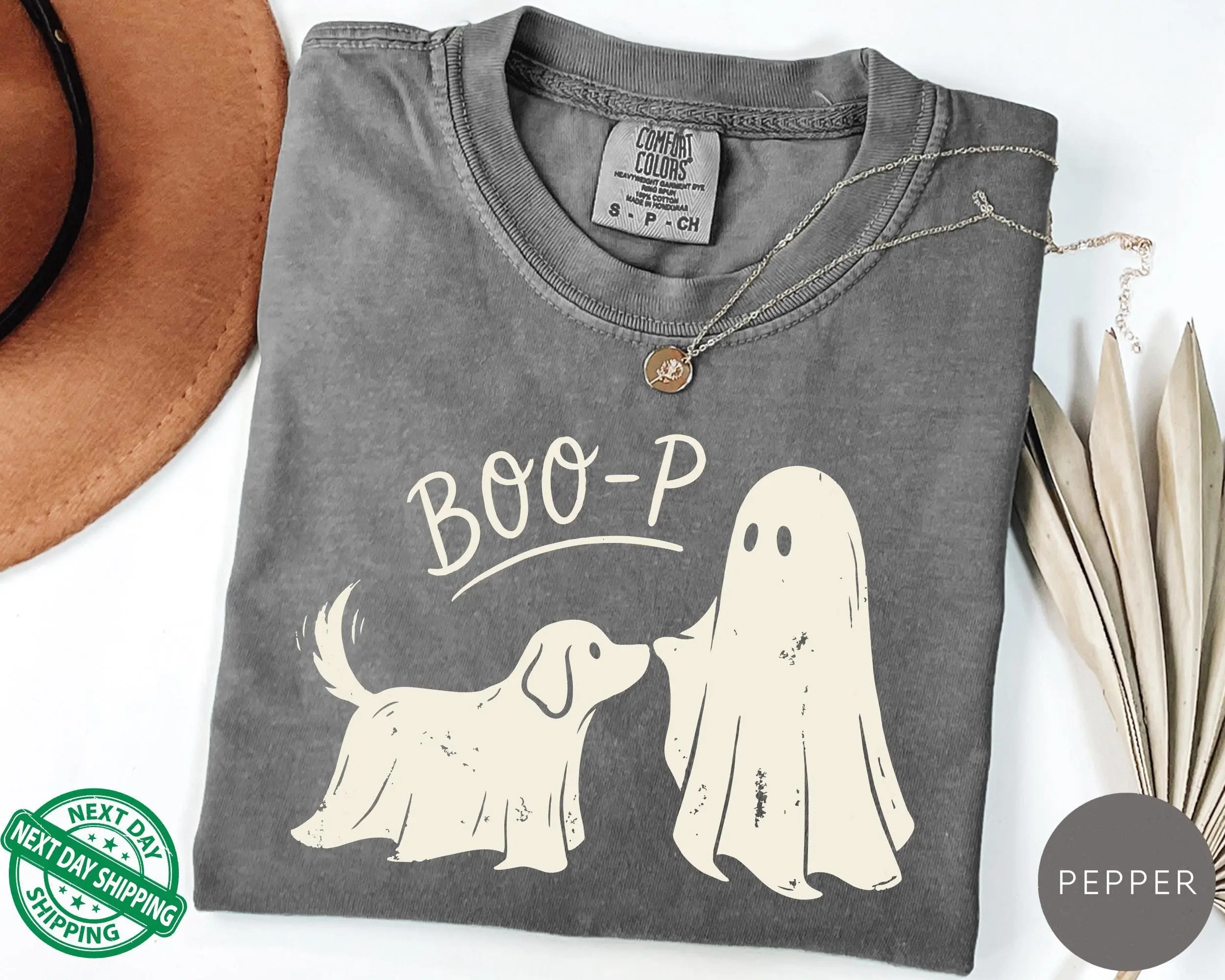 Comfort Colors Boo-p Ghost Dog T-Shirt, Funny Cute Halloween Mom Graphic Tee, Pet Lover Costume Top