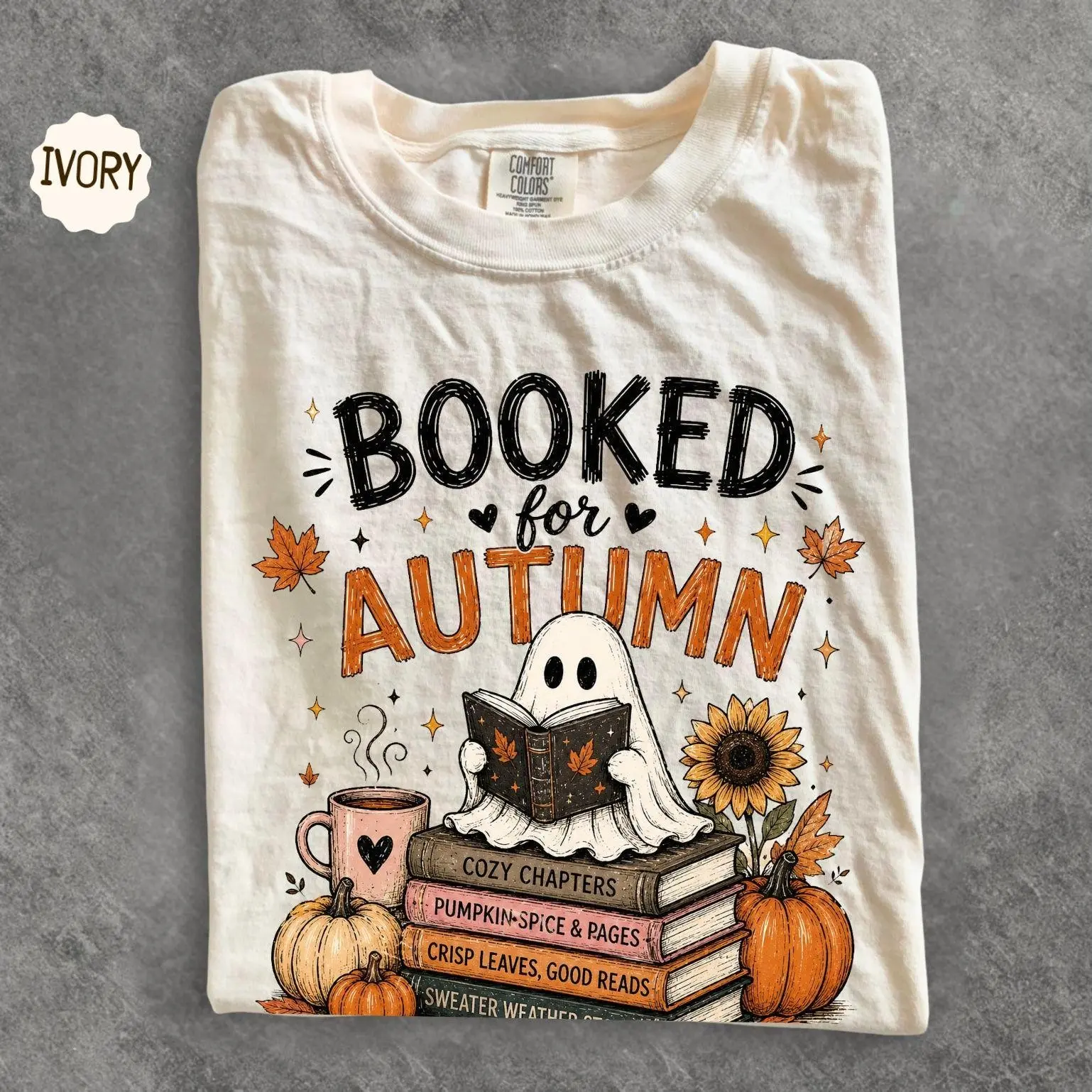 Comfort Colors Book Lover Ghost Shirt, Cozy Reading Vibes Autumn Halloween Graphic Tee