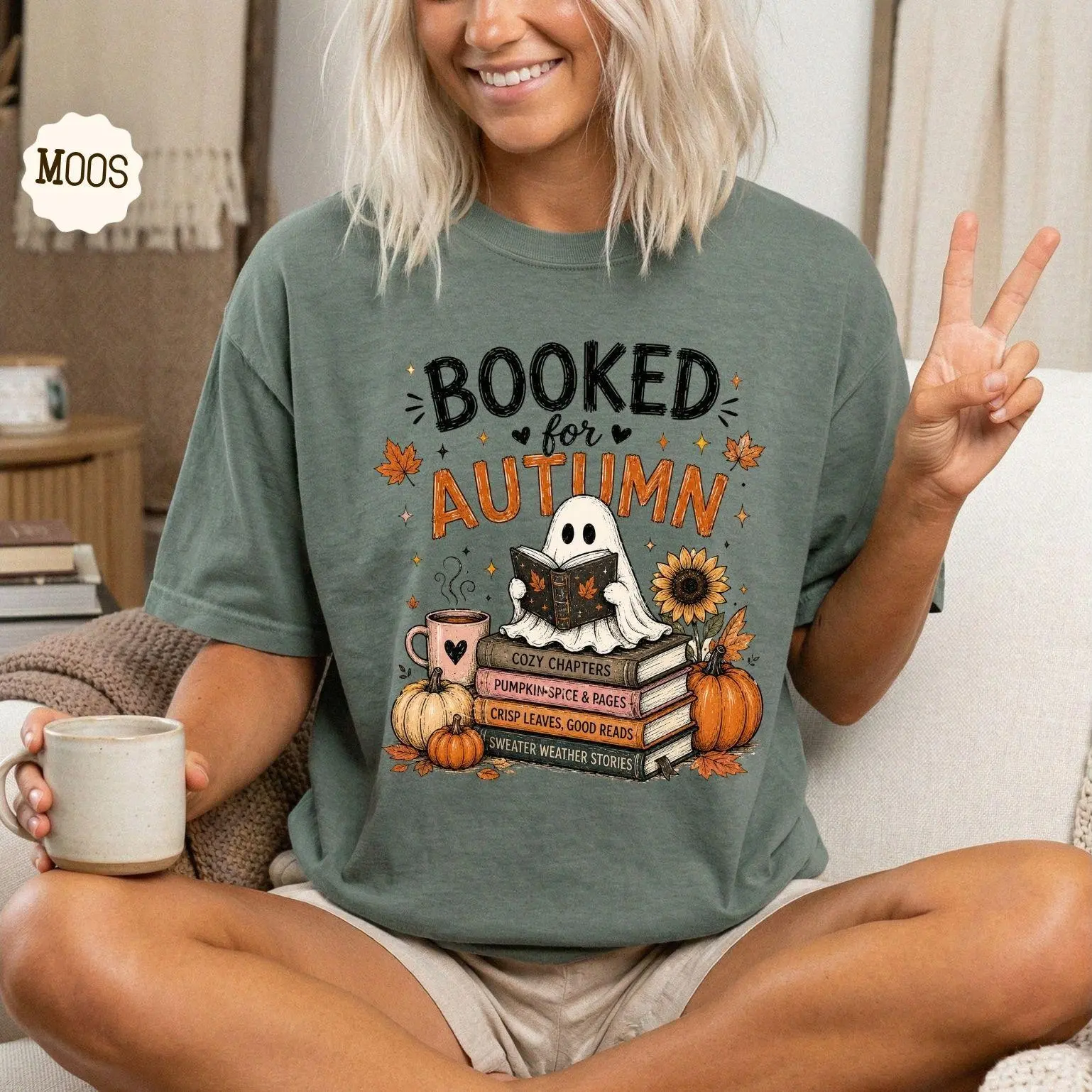 Comfort Colors Book Lover Ghost Shirt, Cozy Reading Vibes Autumn Halloween Graphic Tee - photo 3