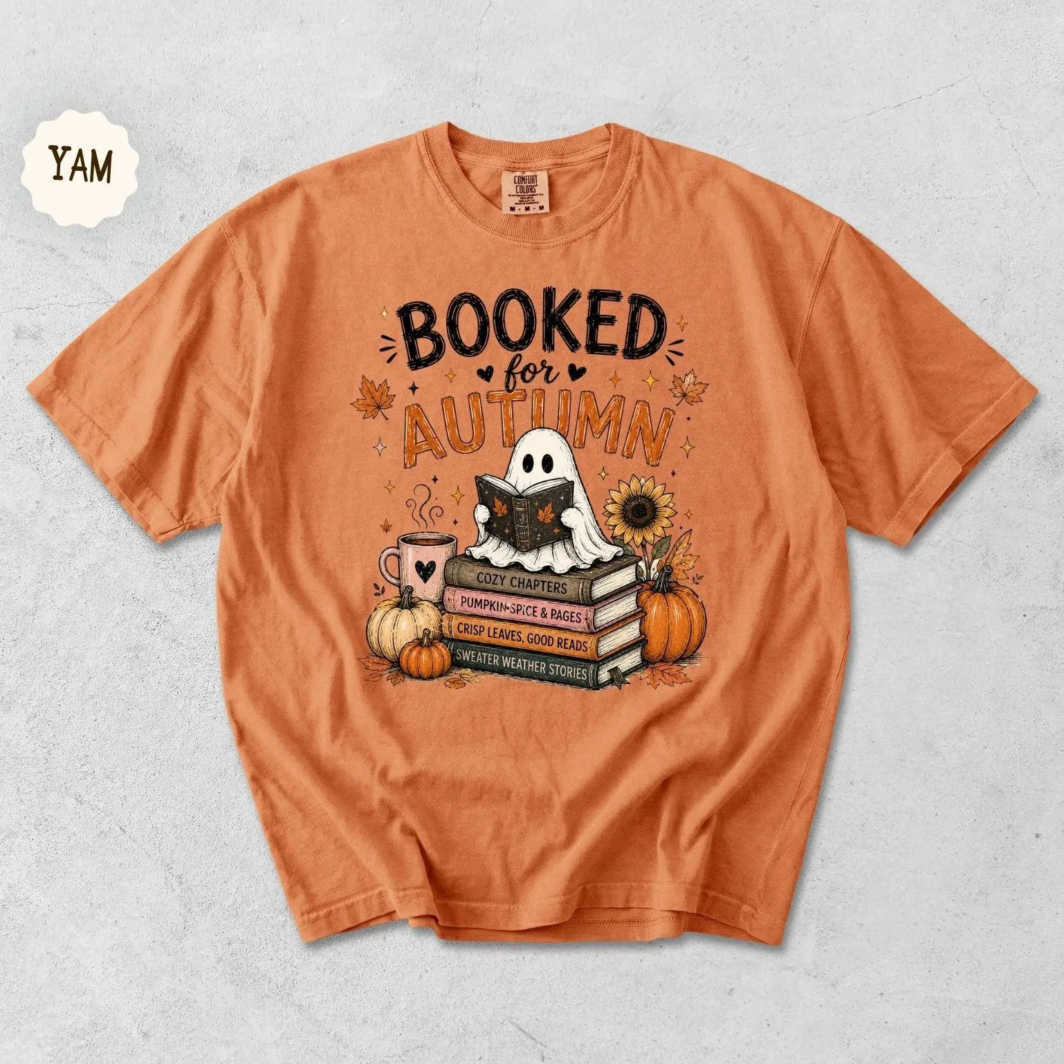 Comfort Colors Book Lover Ghost Shirt, Cozy Reading Vibes Autumn Halloween Graphic Tee - photo 4