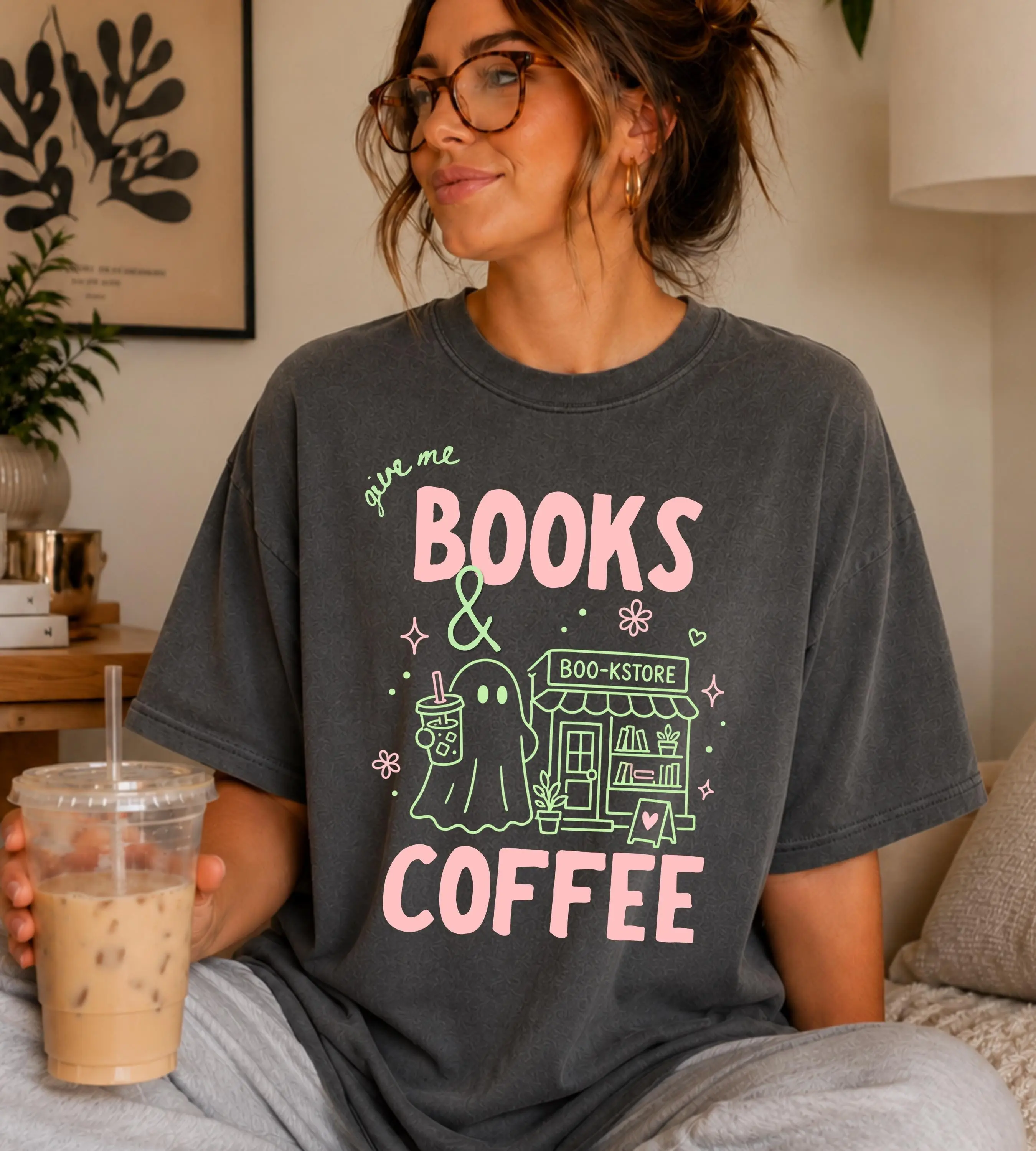 Comfort Colors Books and Coffee Ghost Shirt, Cute Halloween Bookish Reading Lover Graphic Tee Gift