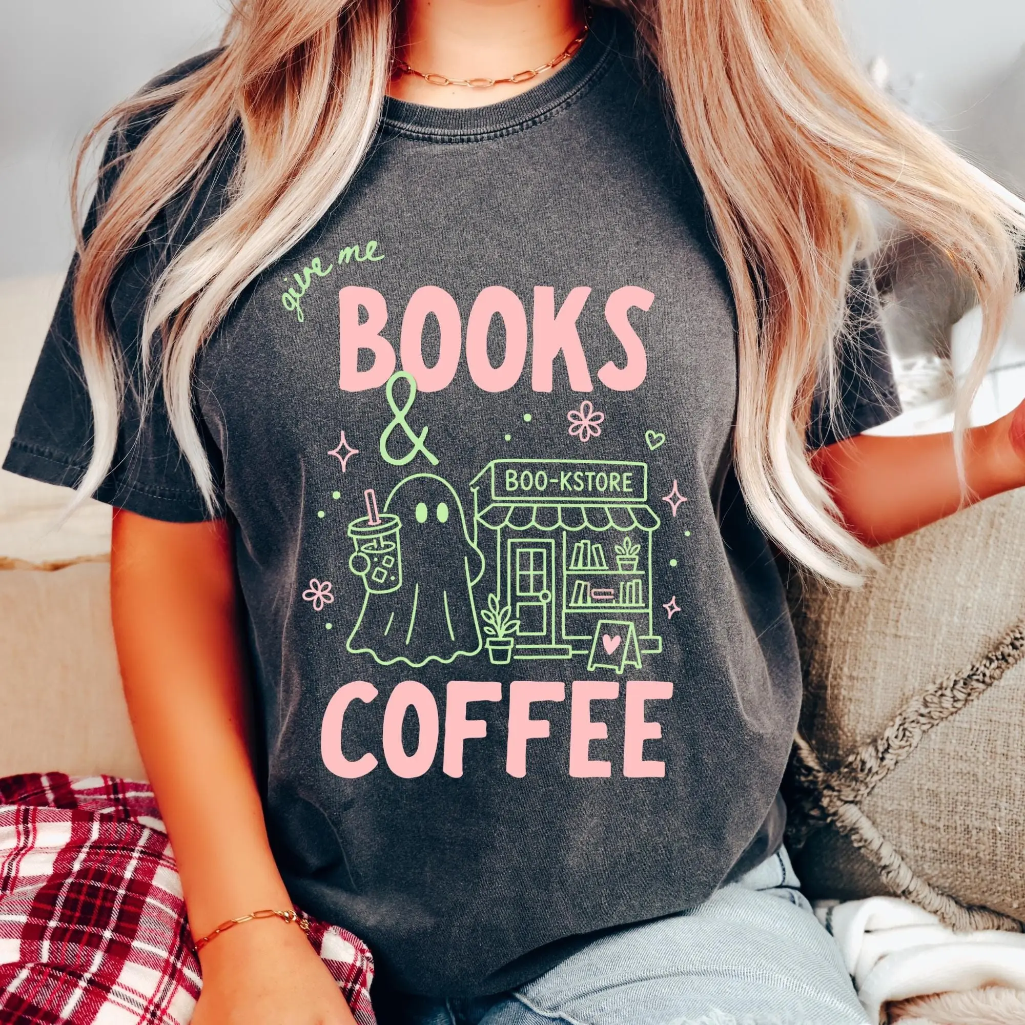 Comfort Colors Books and Coffee Ghost Shirt, Cute Halloween Bookish Reading Lover Graphic Tee Gift - photo 2