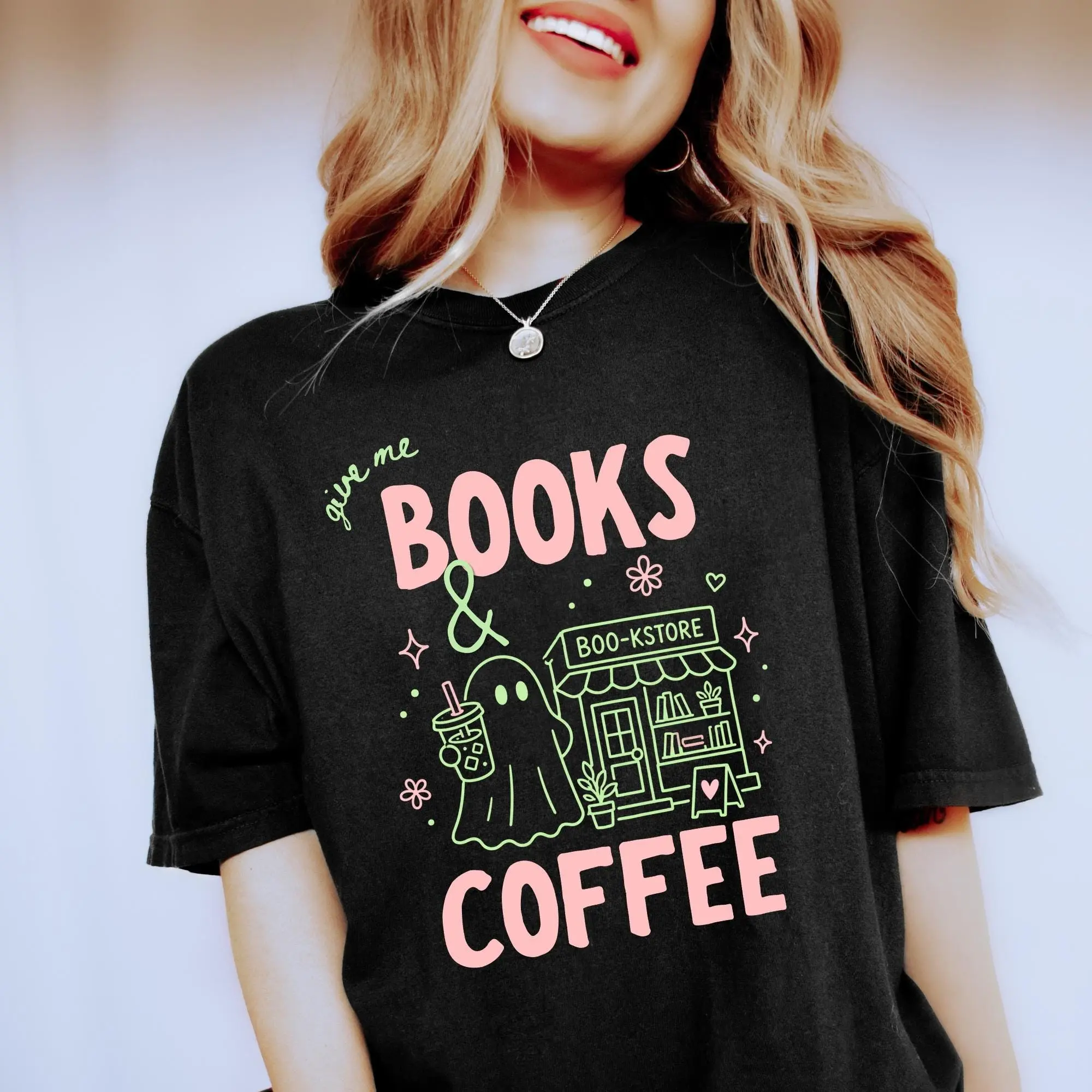 Comfort Colors Books and Coffee Ghost Shirt, Cute Halloween Bookish Reading Lover Graphic Tee Gift - photo 3
