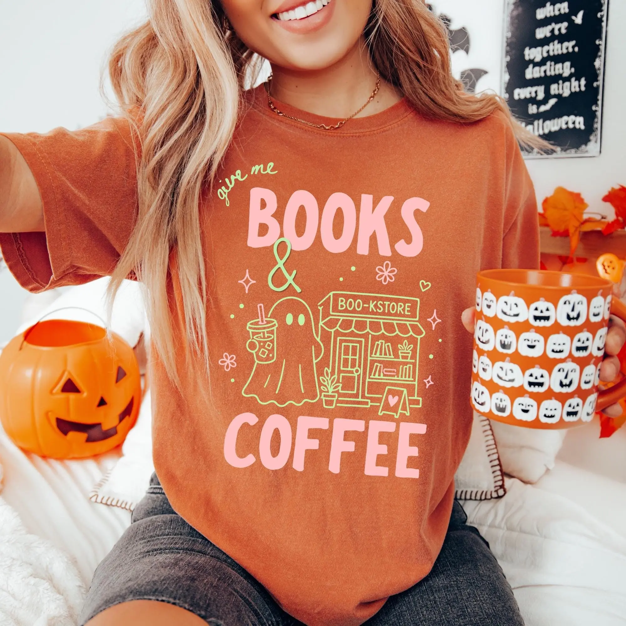 Comfort Colors Books and Coffee Ghost Shirt, Cute Halloween Bookish Reading Lover Graphic Tee Gift - photo 4