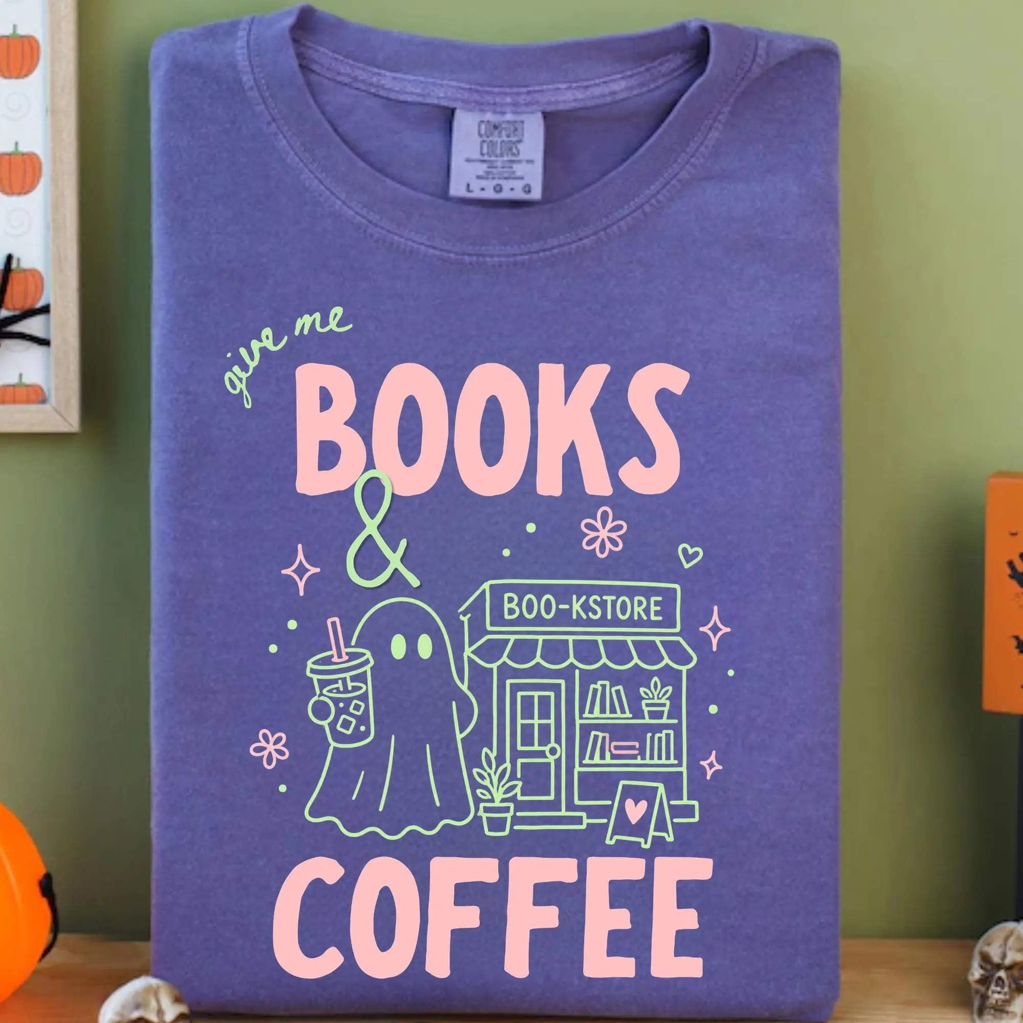 Comfort Colors Books and Coffee Ghost Shirt, Cute Halloween Bookish Reading Lover Graphic Tee Gift - photo 5