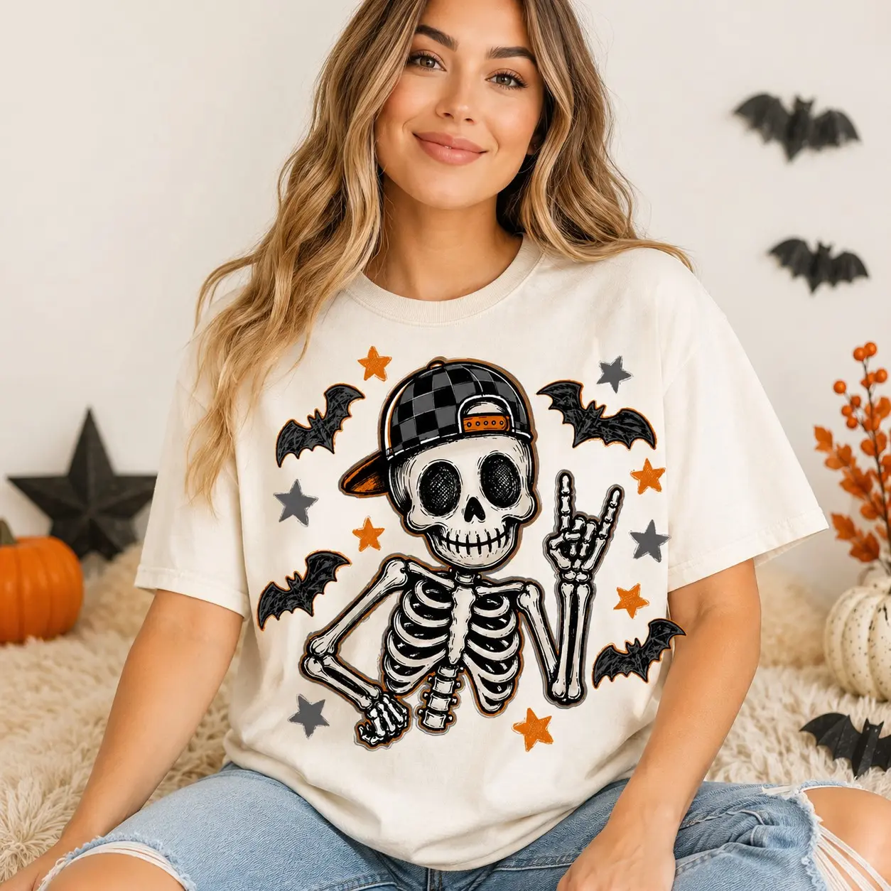Comfort Colors Boy Skeleton Halloween T-Shirt, Retro Checker Ball Cap Tee, Kids Spooky Season Gift