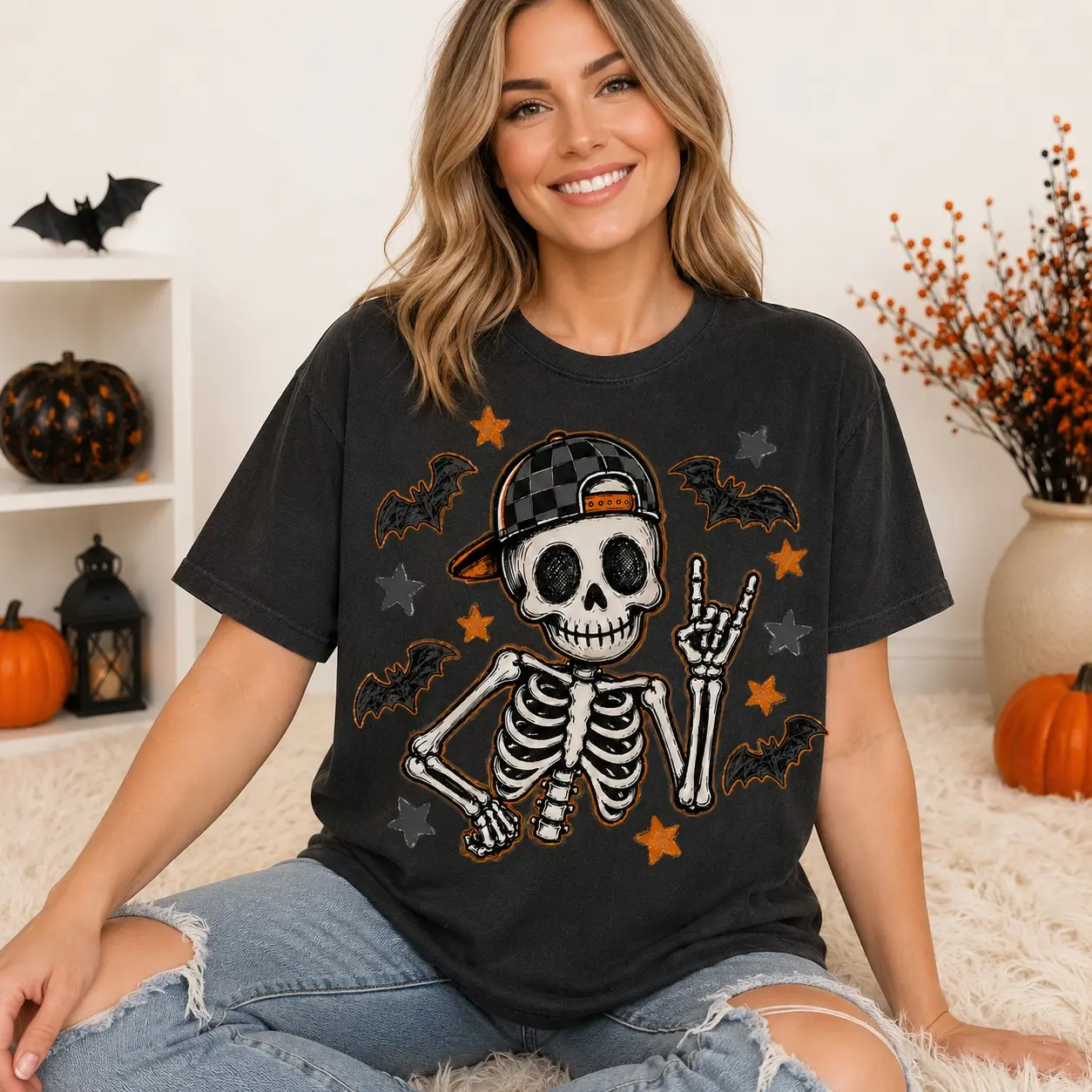 Comfort Colors Boy Skeleton Halloween T-Shirt, Retro Checker Ball Cap Tee, Kids Spooky Season Gift - photo 2