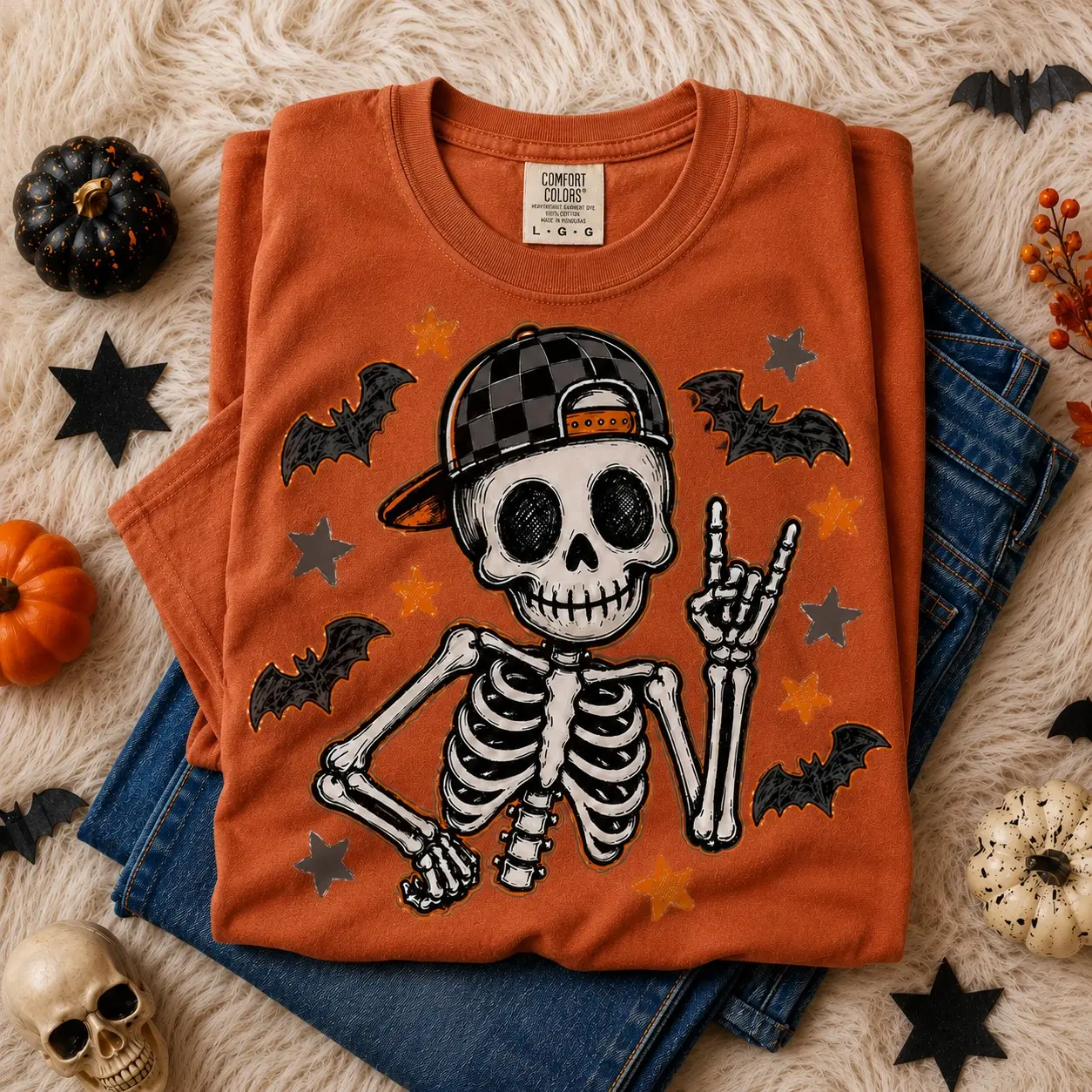 Comfort Colors Boy Skeleton Halloween T-Shirt, Retro Checker Ball Cap Tee, Kids Spooky Season Gift - photo 3