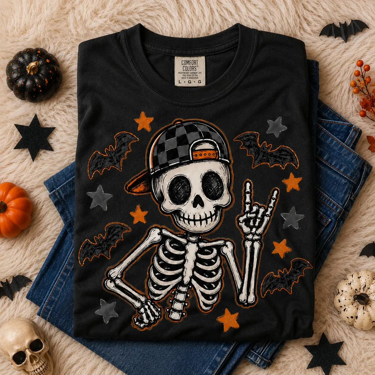 Comfort Colors Boy Skeleton Halloween T-Shirt, Retro Checker Ball Cap Tee, Kids Spooky Season Gift - photo 4