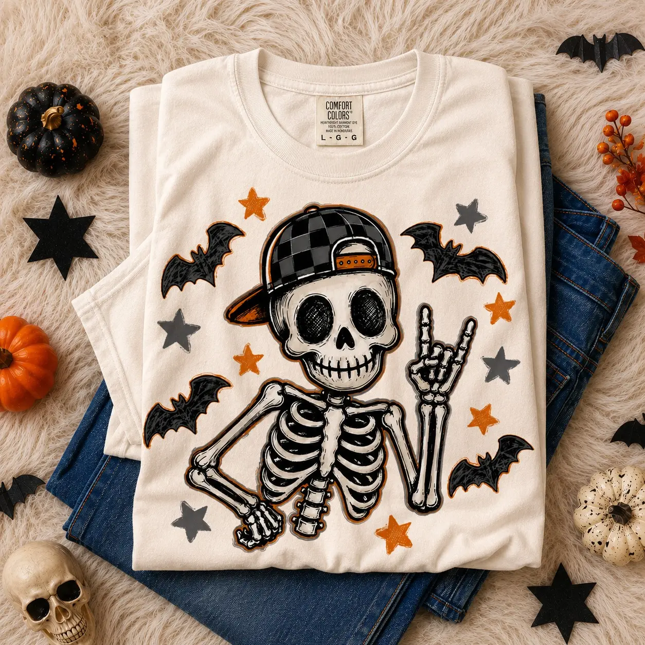 Comfort Colors Boy Skeleton Halloween T-Shirt, Retro Checker Ball Cap Tee, Kids Spooky Season Gift - photo 5