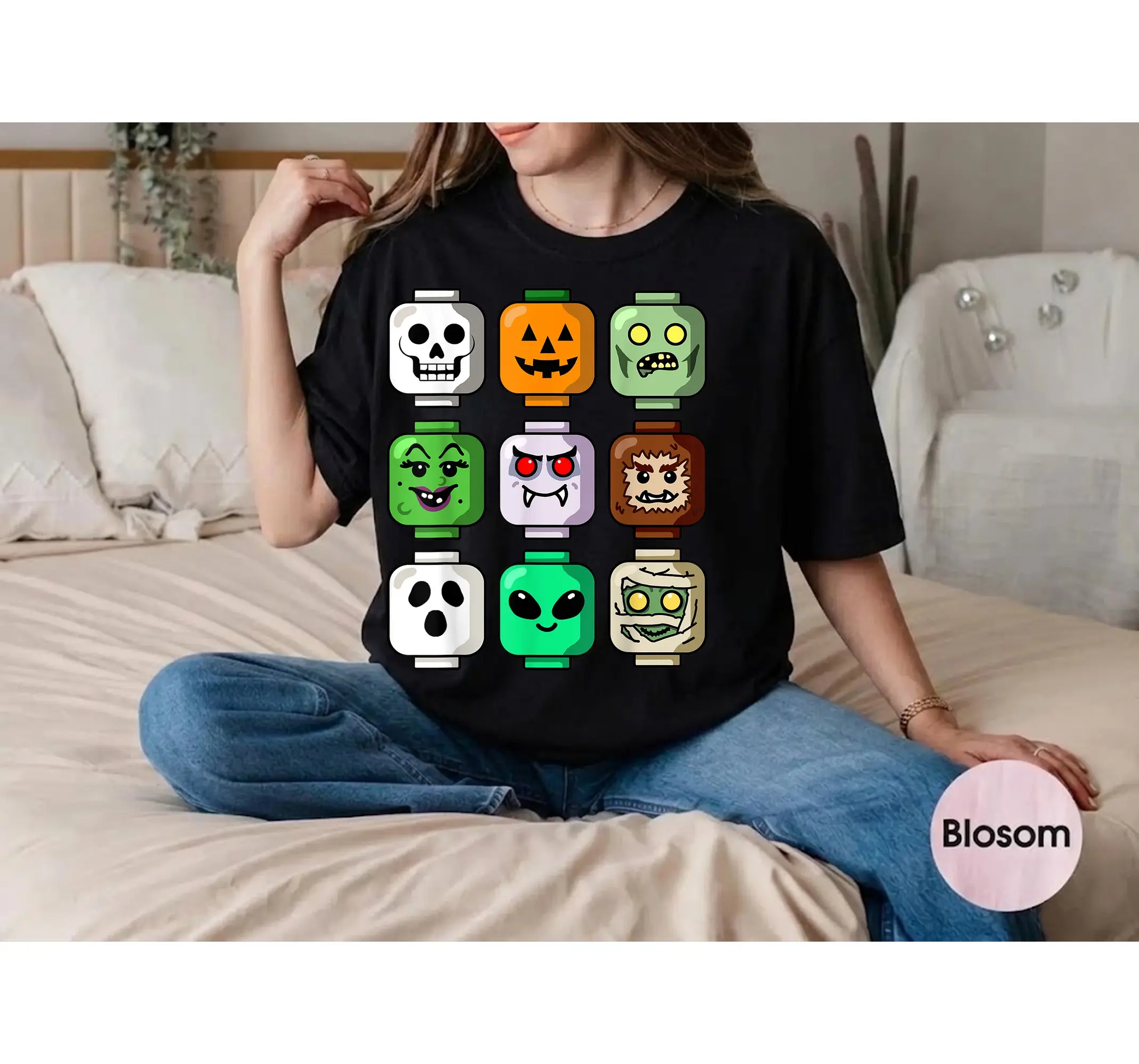Boys Halloween Shirt, Toy Brick Figure Zombie Ghost Pumpkin Graphic Tee