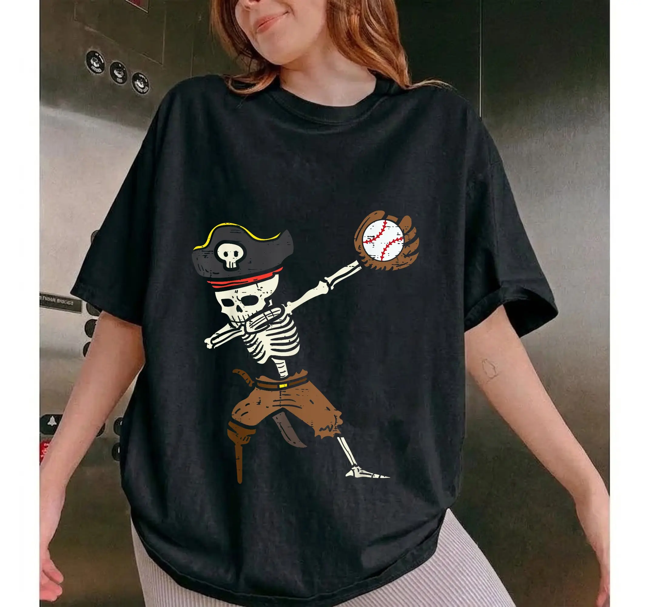 Boys Halloween Skeleton Baseball Catcher Shirt, Pirate Graphic Youth Kids Tee