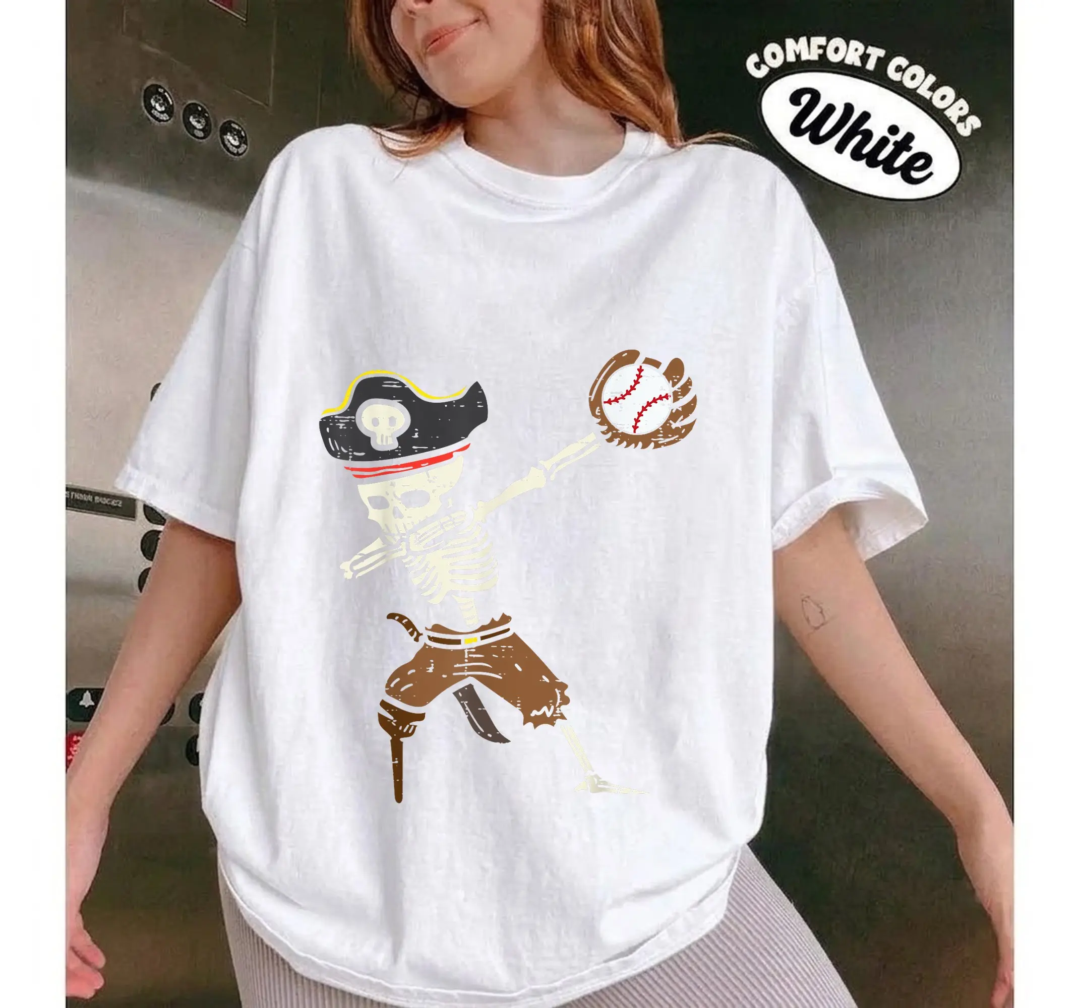 Boys Halloween Skeleton Baseball Catcher Shirt, Pirate Graphic Youth Kids Tee - photo 2
