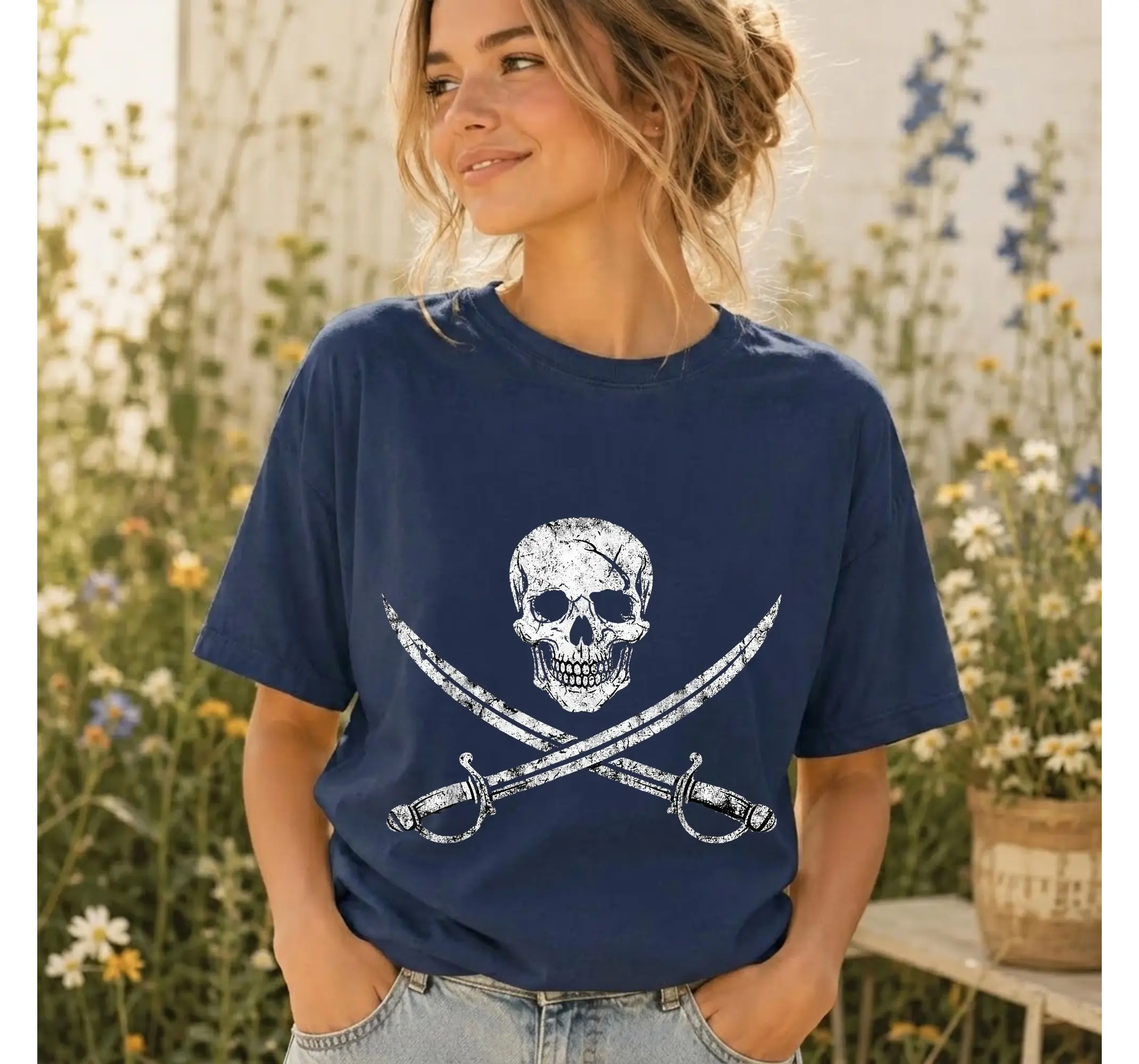Boys Pirate Skeleton Shirt, Jolly Roger Skull and Crossbones Graphic Tee for Kids