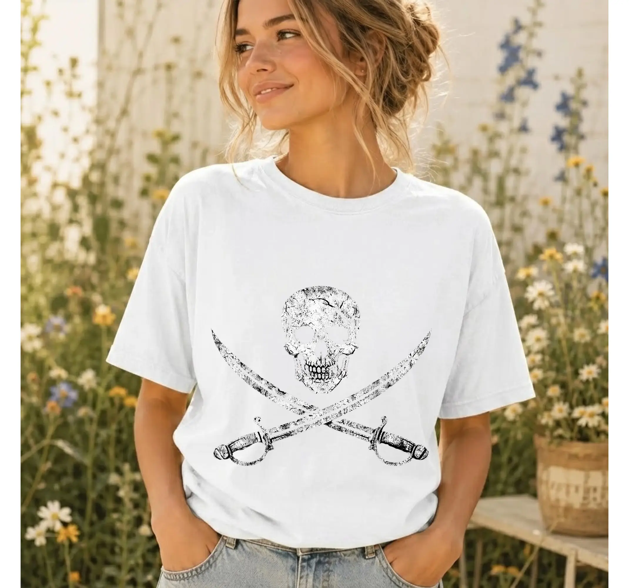 Boys Pirate Skeleton Shirt, Jolly Roger Skull and Crossbones Graphic Tee for Kids - photo 2