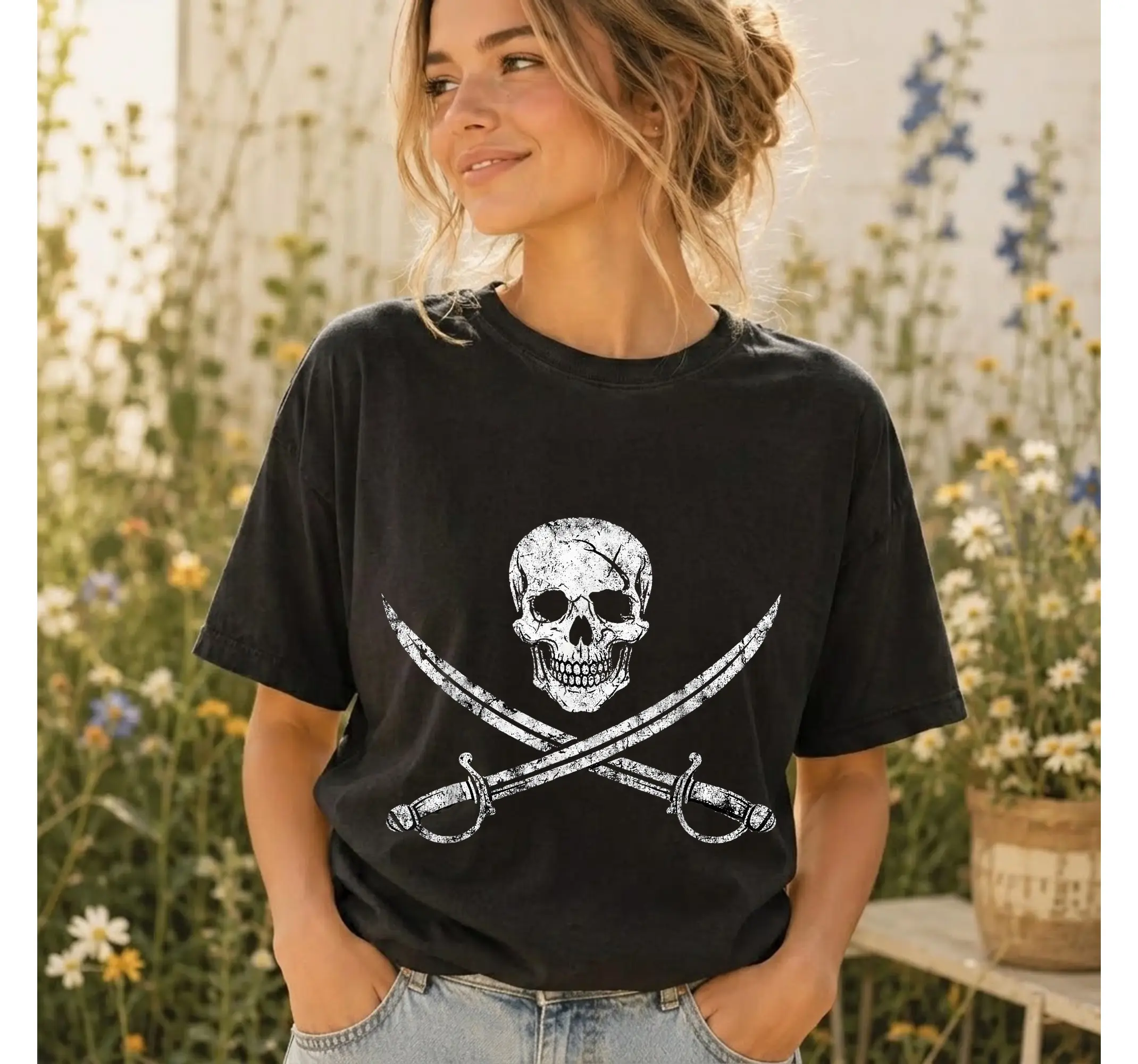 Boys Pirate Skeleton Shirt, Jolly Roger Skull and Crossbones Graphic Tee for Kids - photo 3
