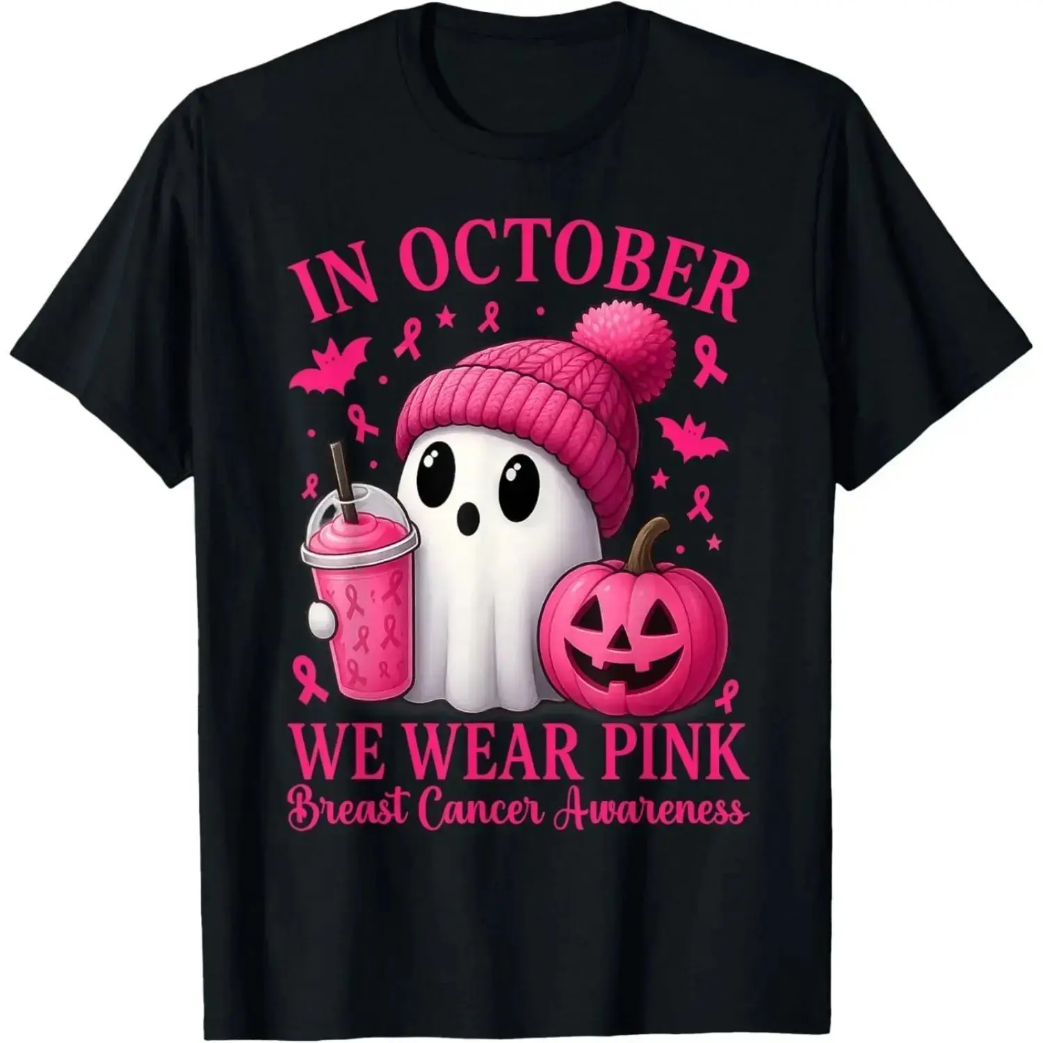 In October We Wear Pink Ghost Graphic Tee, Womens Breast Cancer Awareness Halloween T-Shirt