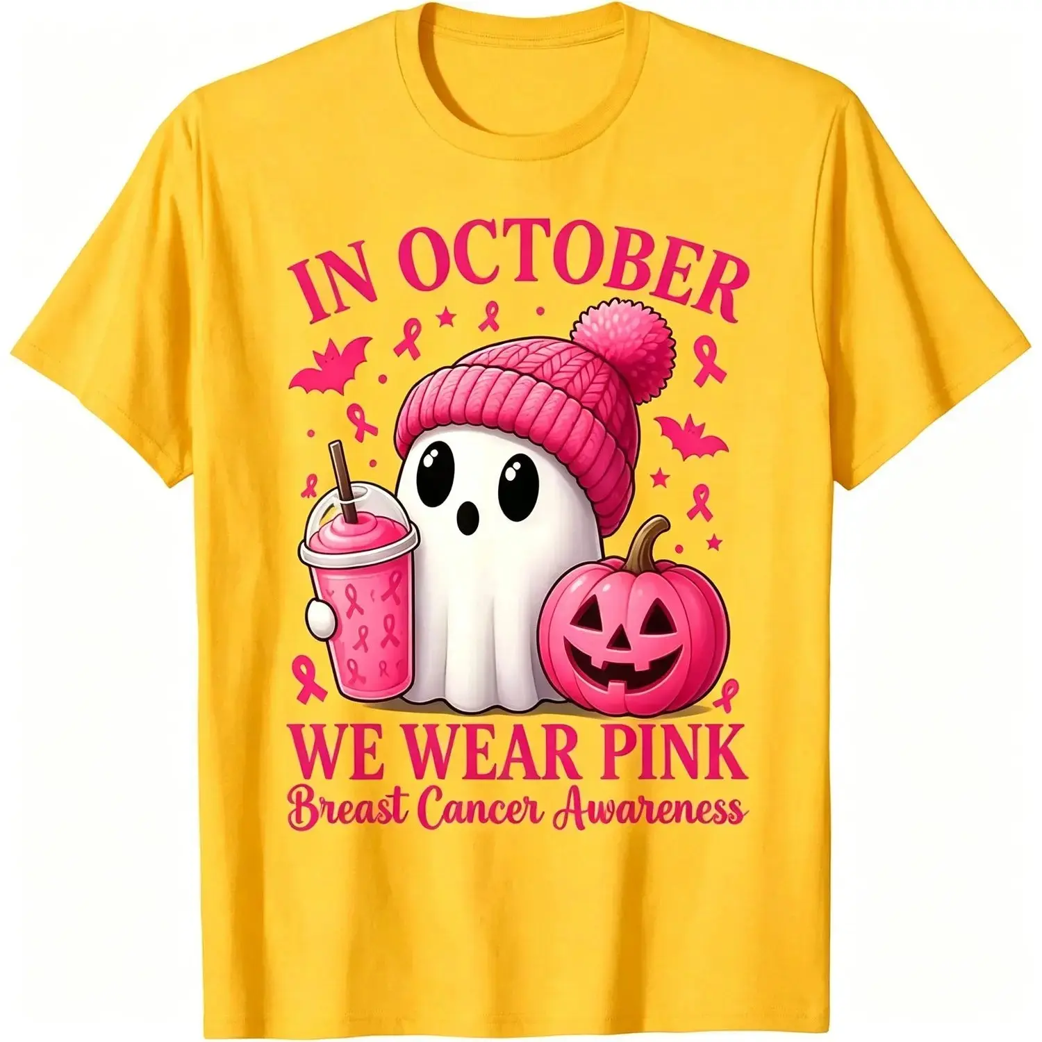 In October We Wear Pink Ghost Graphic Tee, Womens Breast Cancer Awareness Halloween T-Shirt - photo 2