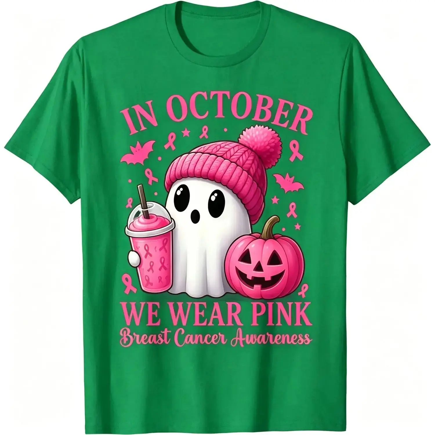 In October We Wear Pink Ghost Graphic Tee, Womens Breast Cancer Awareness Halloween T-Shirt - photo 3