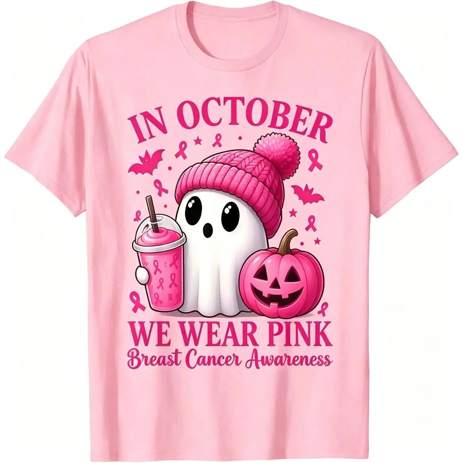In October We Wear Pink Ghost Graphic Tee, Womens Breast Cancer Awareness Halloween T-Shirt - photo 4