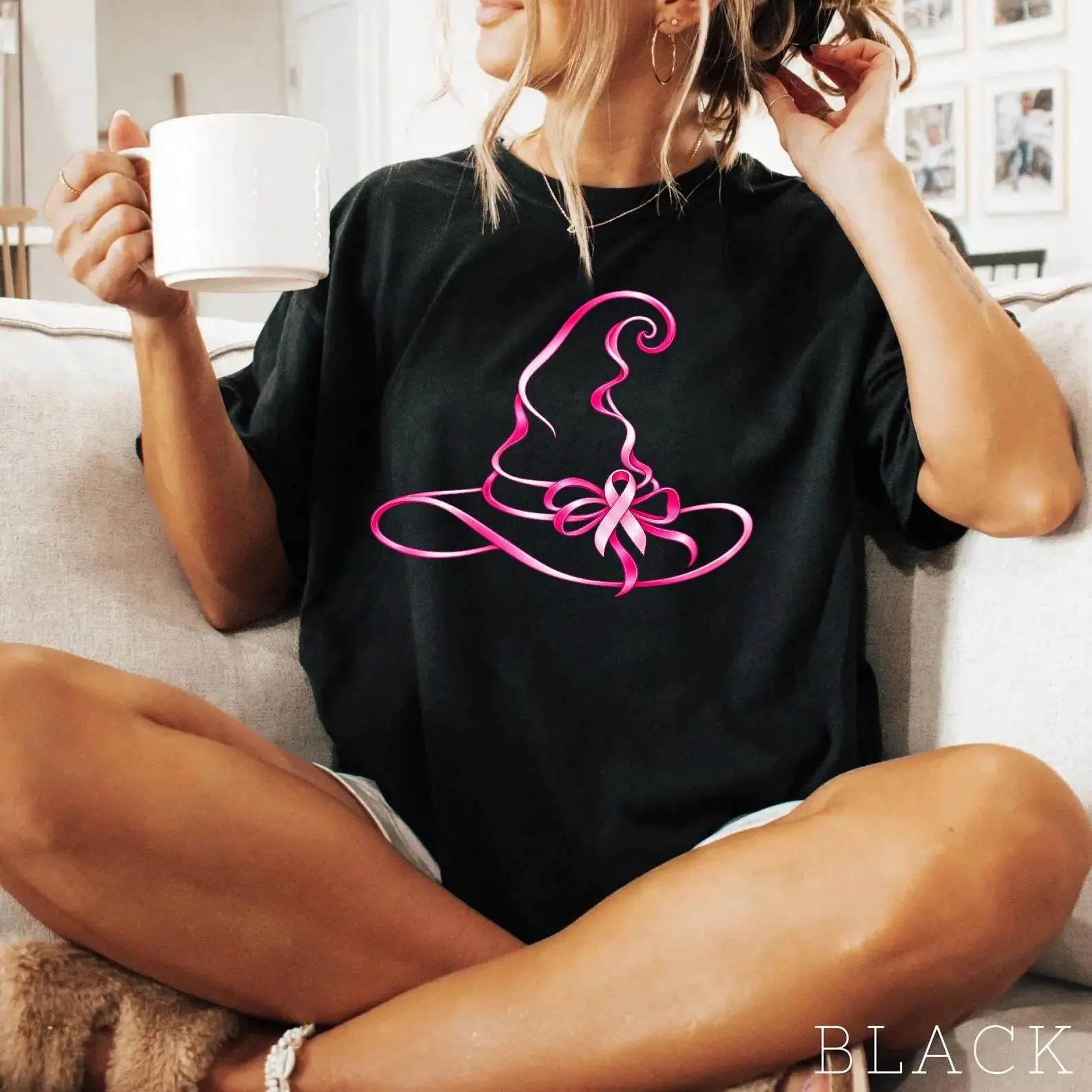 Comfort Colors Breast Cancer Awareness Witch Hat Shirt, Pink Ribbon Halloween Tee, October Survivor Gift