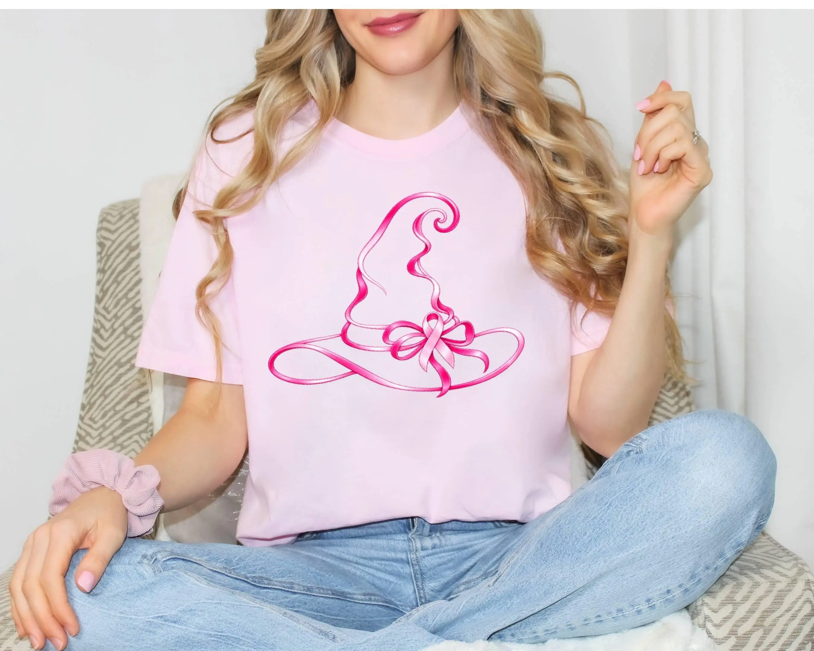 Comfort Colors Breast Cancer Awareness Witch Hat Shirt, Pink Ribbon Halloween Tee, October Survivor Gift - photo 3