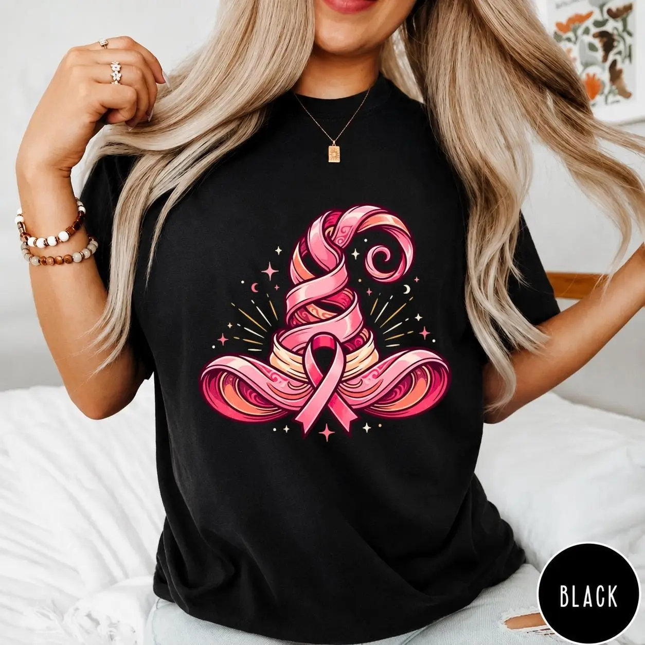 Comfort Colors Breast Cancer Halloween Shirt, Pink Ribbon Witch Hat Tee, Spooky October Support Gift - photo 2