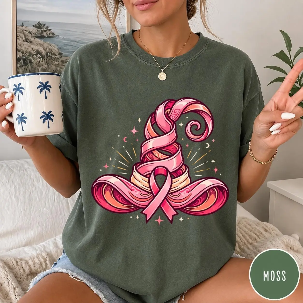 Comfort Colors Breast Cancer Halloween Shirt, Pink Ribbon Witch Hat Tee, Spooky October Support Gift - photo 3