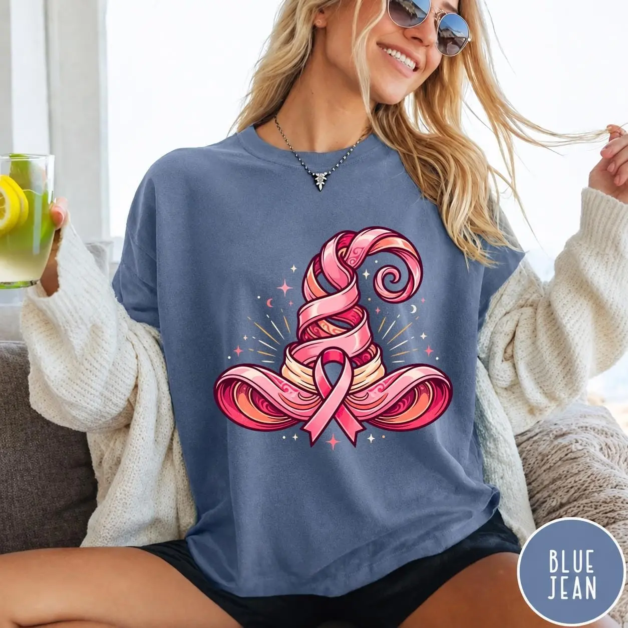 Comfort Colors Breast Cancer Halloween Shirt, Pink Ribbon Witch Hat Tee, Spooky October Support Gift - photo 4