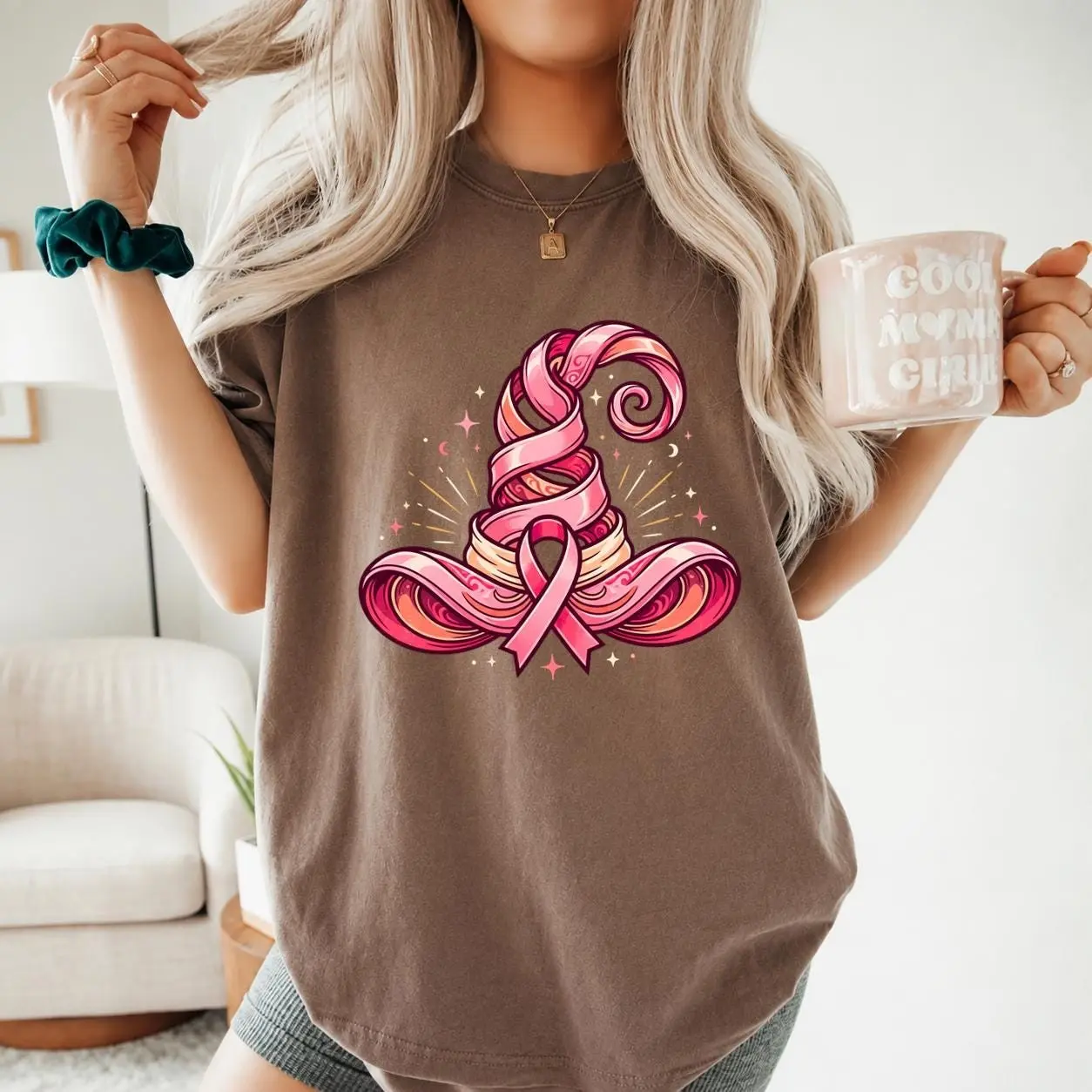 Comfort Colors Breast Cancer Halloween Shirt, Pink Ribbon Witch Hat Tee, Spooky October Support Gift - photo 5