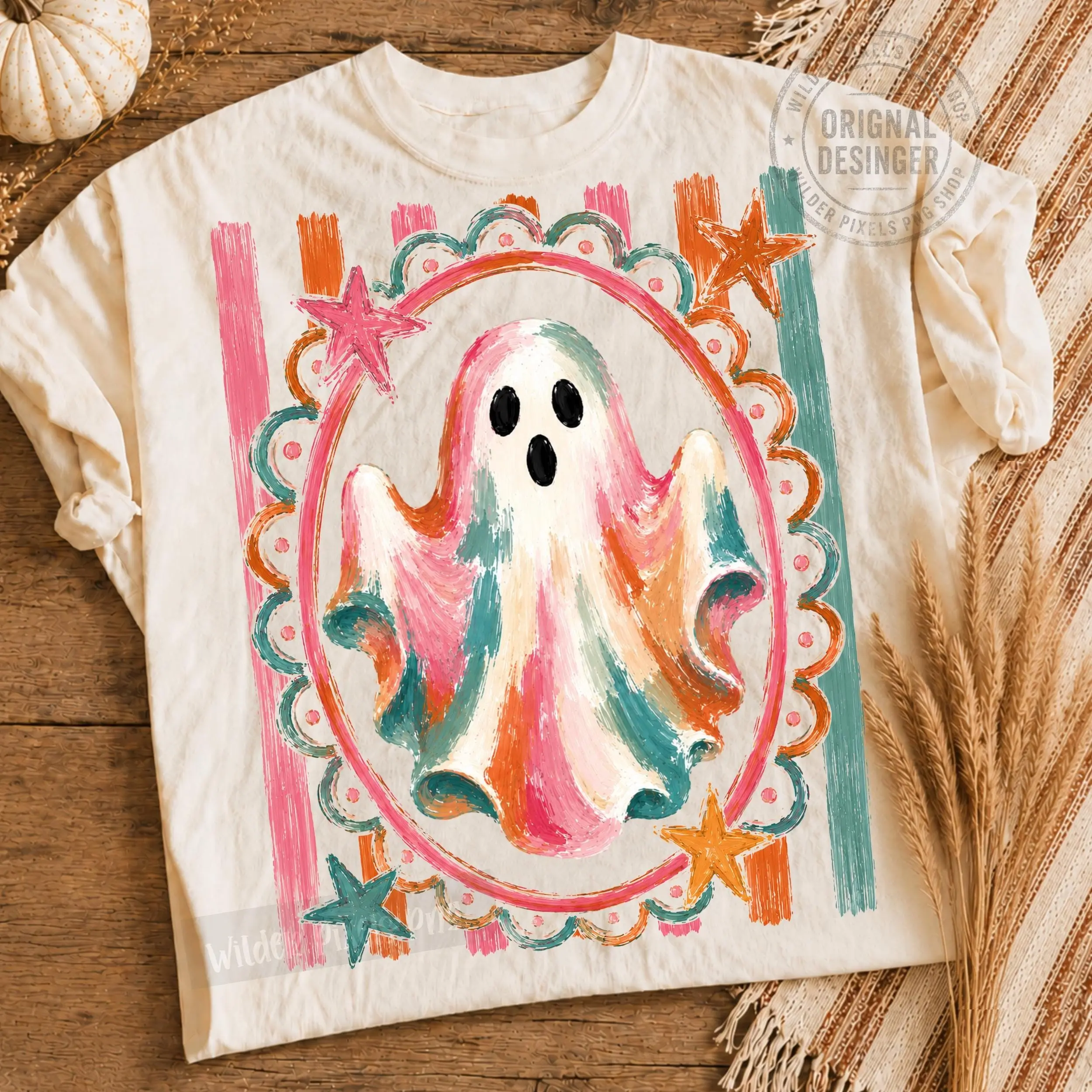 Rustic Bright Ghost Vintage Sweatshirt, Autumn Witch Pumpkin Stripes Cozy Minimalist Mom Fall Pullover
