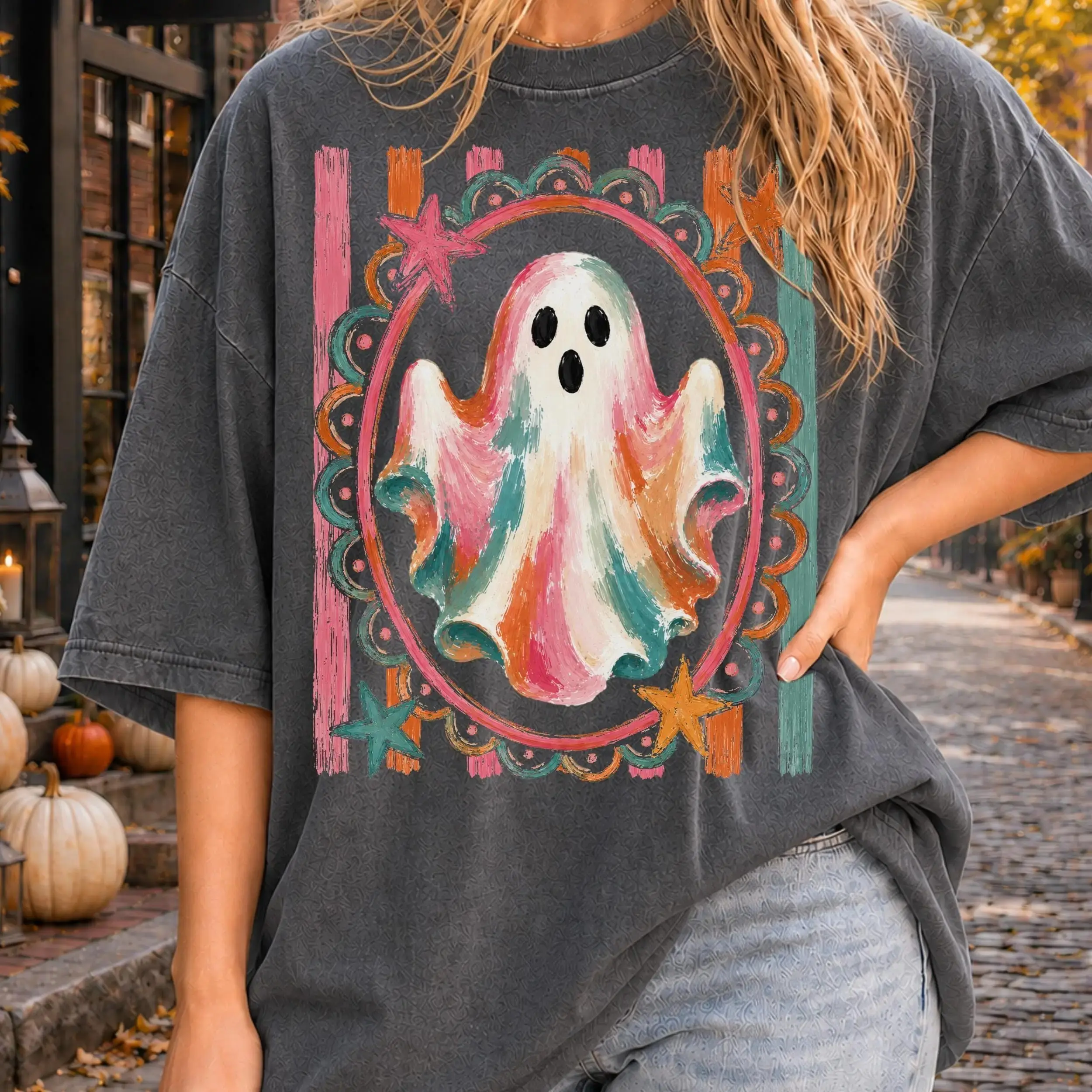 Bright Ghost Rustic Vintage Sweatshirt, Fall Pumpkin Stripes Autumn Witch Cozy Minimalist Mom Halloween Crewneck