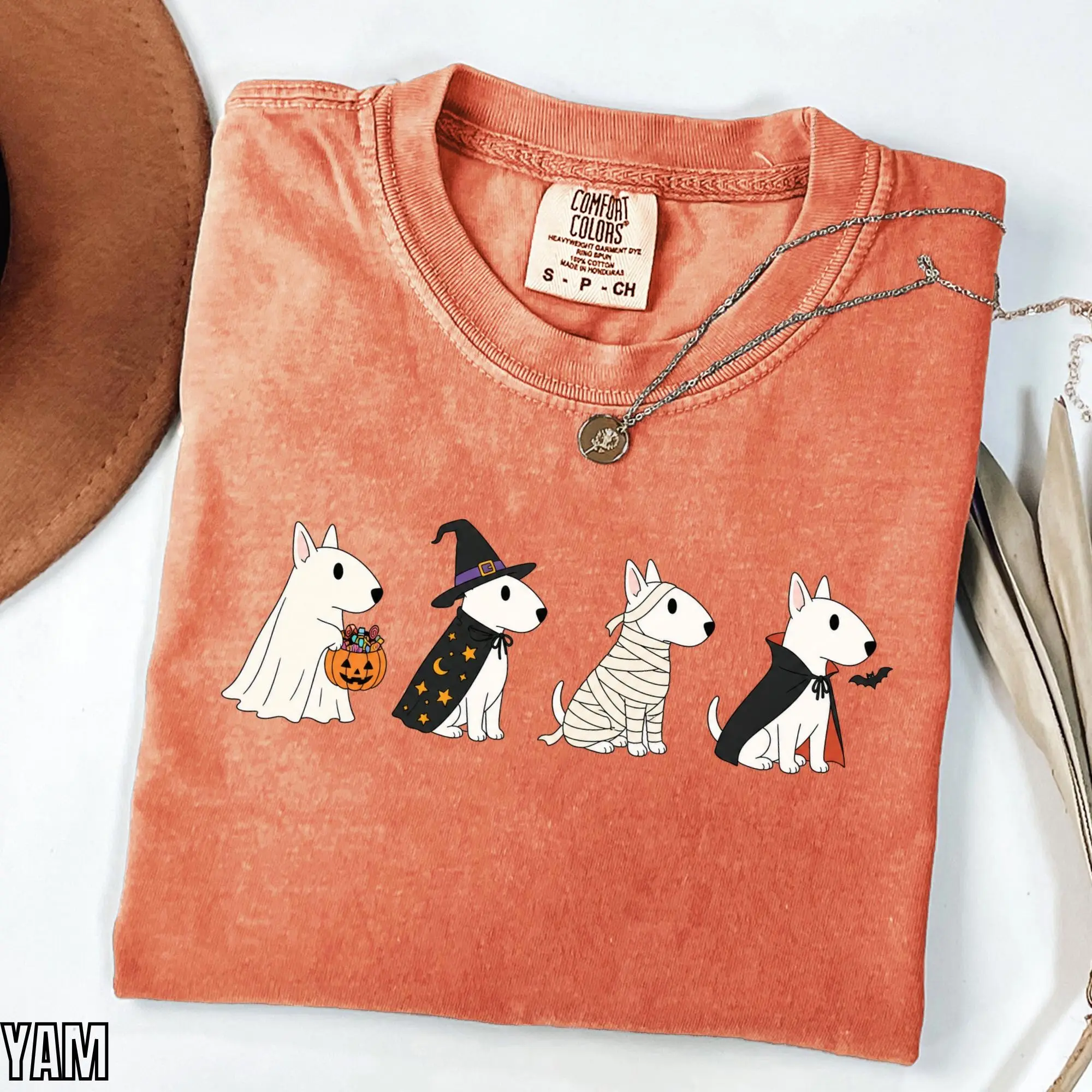 Comfort Colors Bull Terrier Halloween T-Shirt, Trick or Treat Dog Shirt, Bully Breed Lover Spooky Season Gift