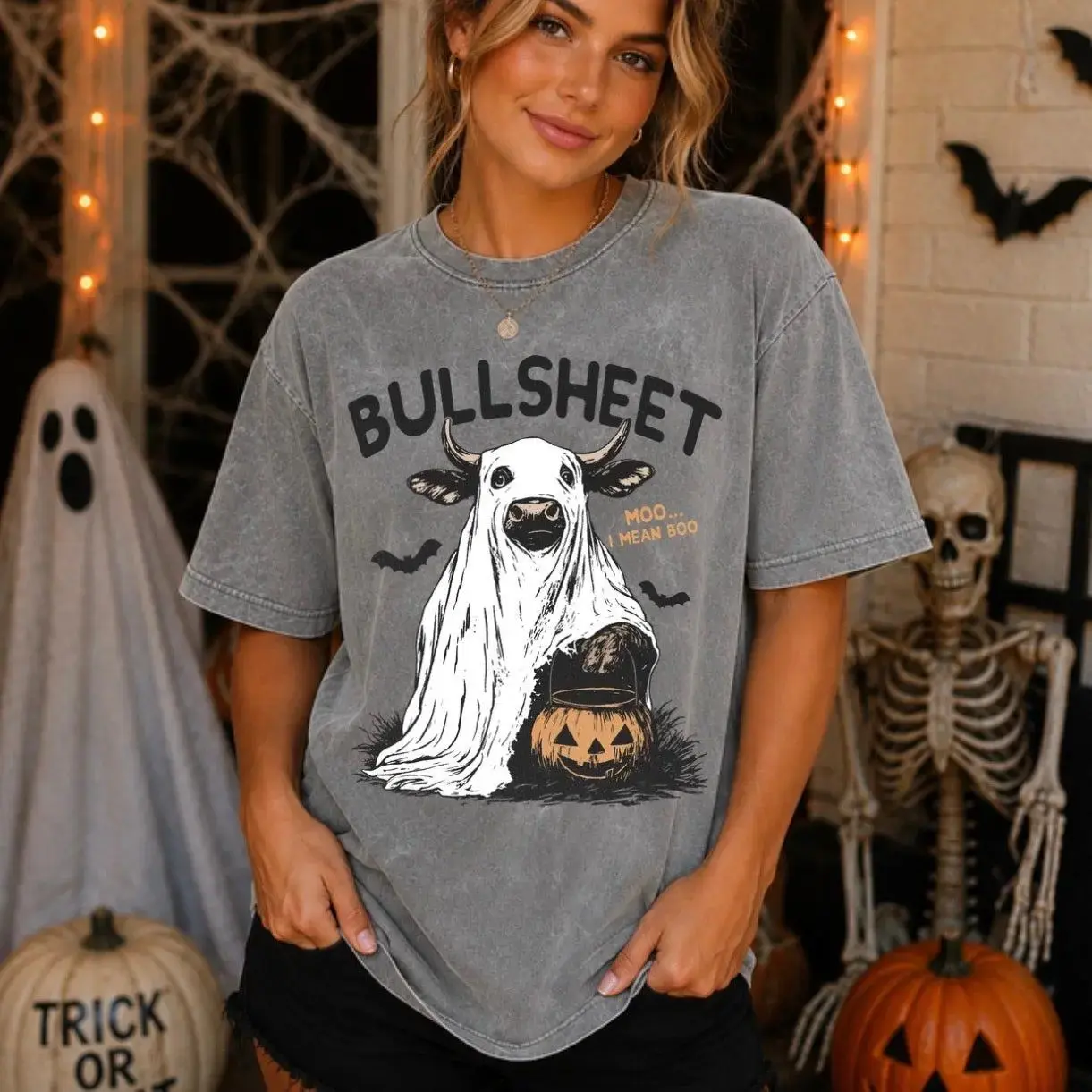 Bullsheet Moo I Mean Boo Cow Halloween T-Shirt, Funny Country Western Farm Costume Cute Fall Tee - photo 2
