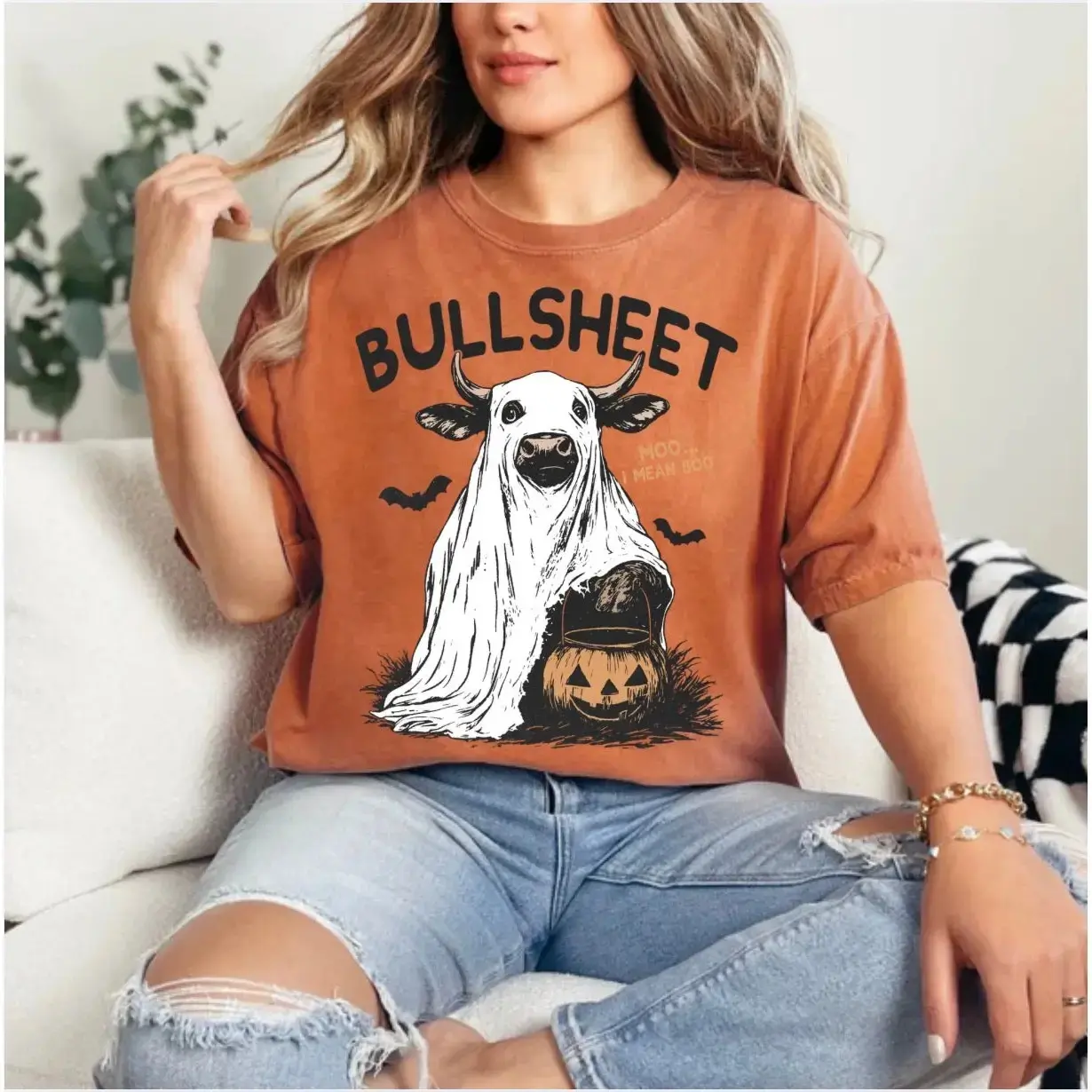 Bullsheet Moo I Mean Boo Cow Halloween T-Shirt, Funny Country Western Farm Costume Cute Fall Tee - photo 3