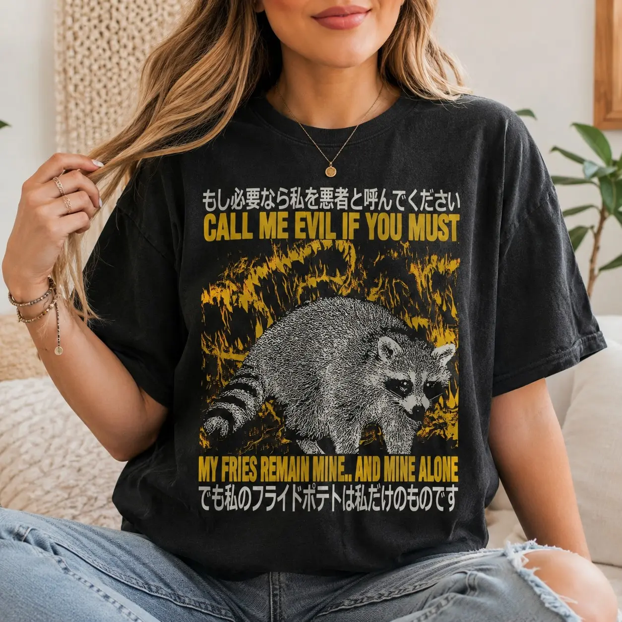 Call Me Evil Raccoon Graphic Shirt for Women, Vintage Horror Halloween Tee, Dark Humor Animal Lover Gift