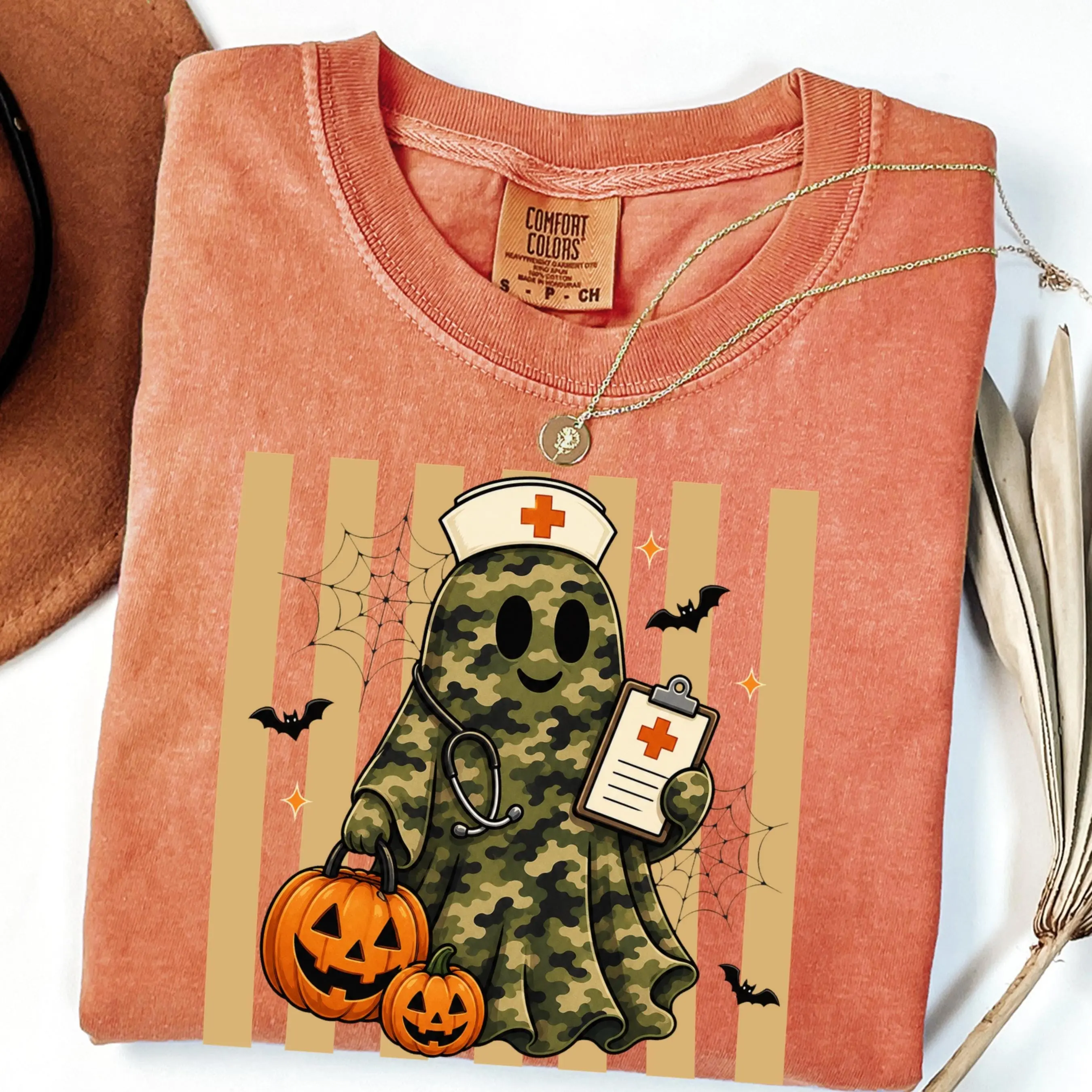 Comfort Colors Camo Nurse Ghost Halloween Shirt, Spooky Medical Fall Gift Tee - photo 2