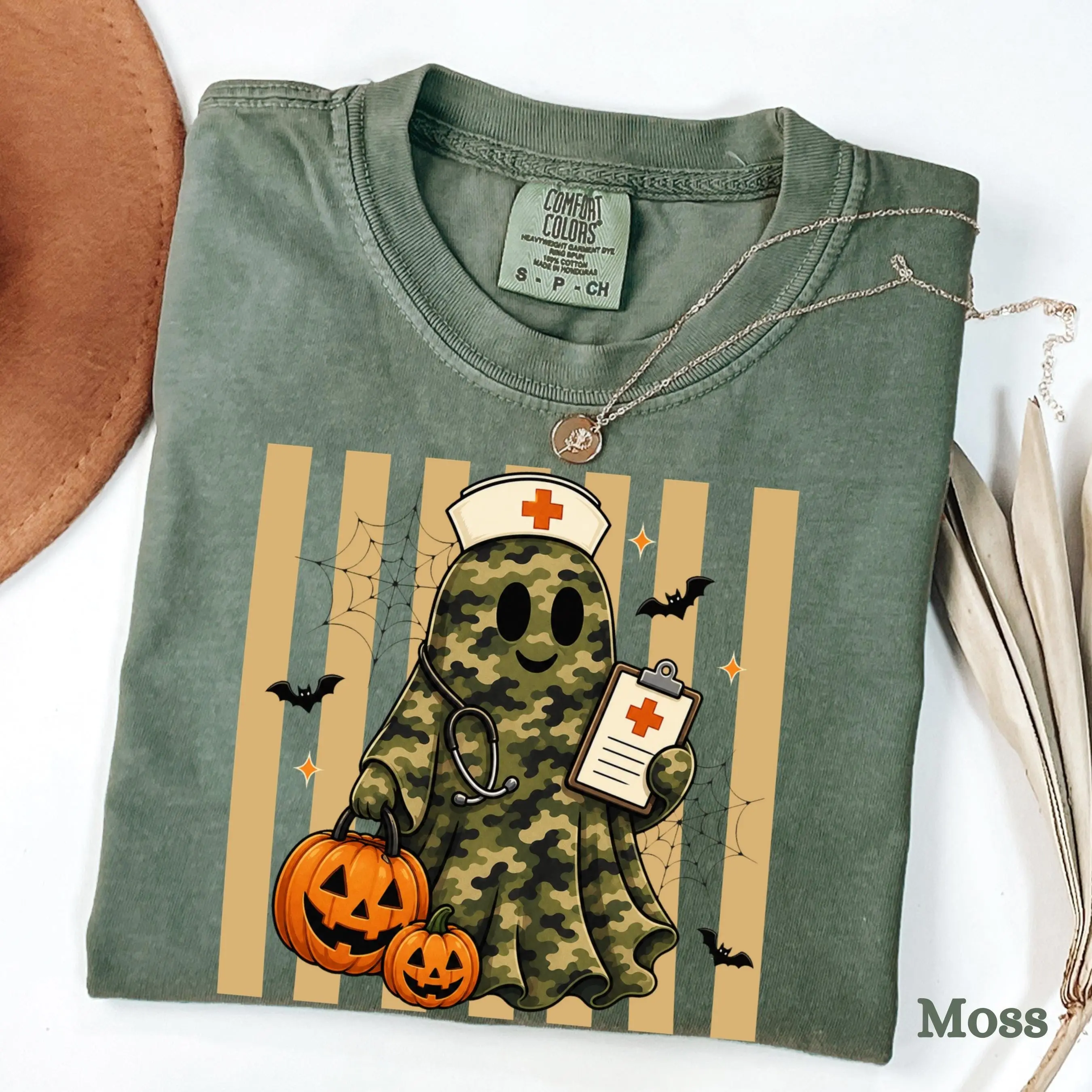 Comfort Colors Camo Nurse Ghost Halloween Shirt, Spooky Medical Fall Gift Tee - photo 3