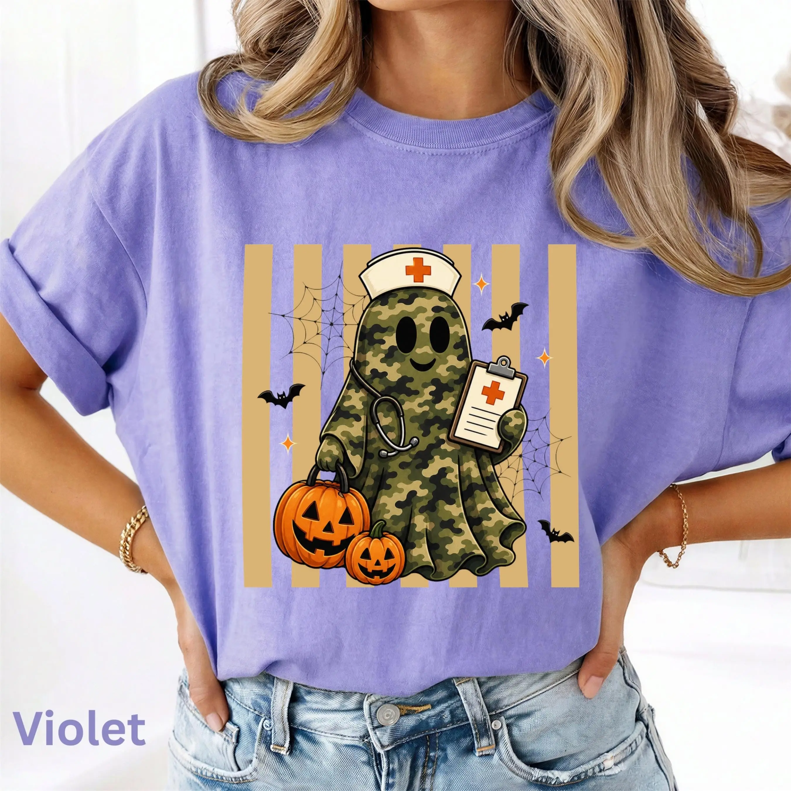 Comfort Colors Camo Nurse Ghost Halloween Shirt, Spooky Medical Fall Gift Tee - photo 4
