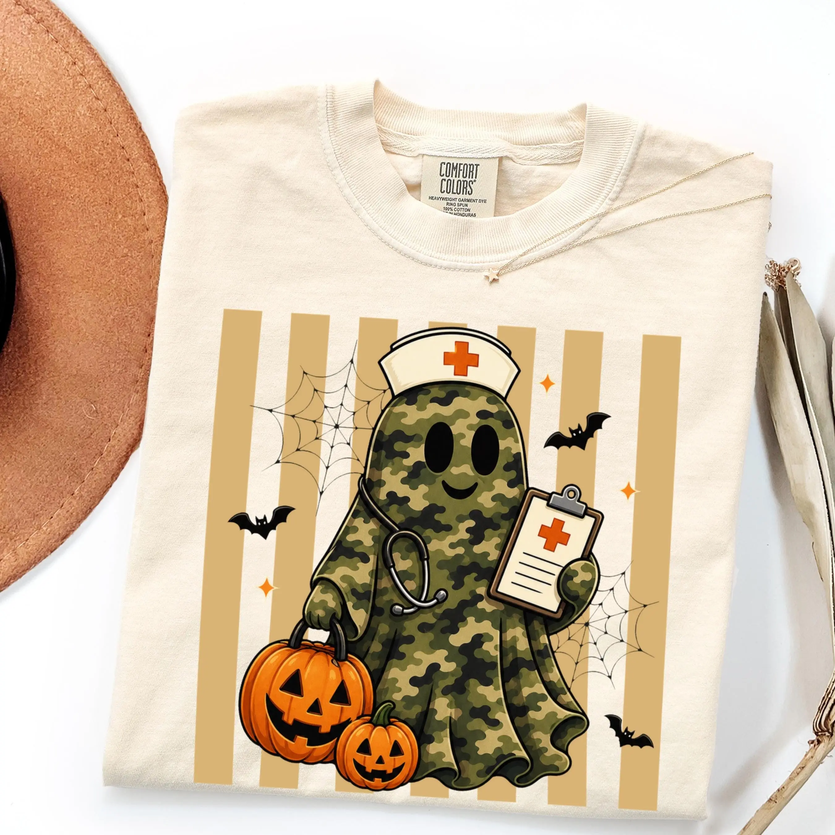 Comfort Colors Camo Nurse Ghost Halloween Shirt, Spooky Medical Fall Gift Tee - photo 5