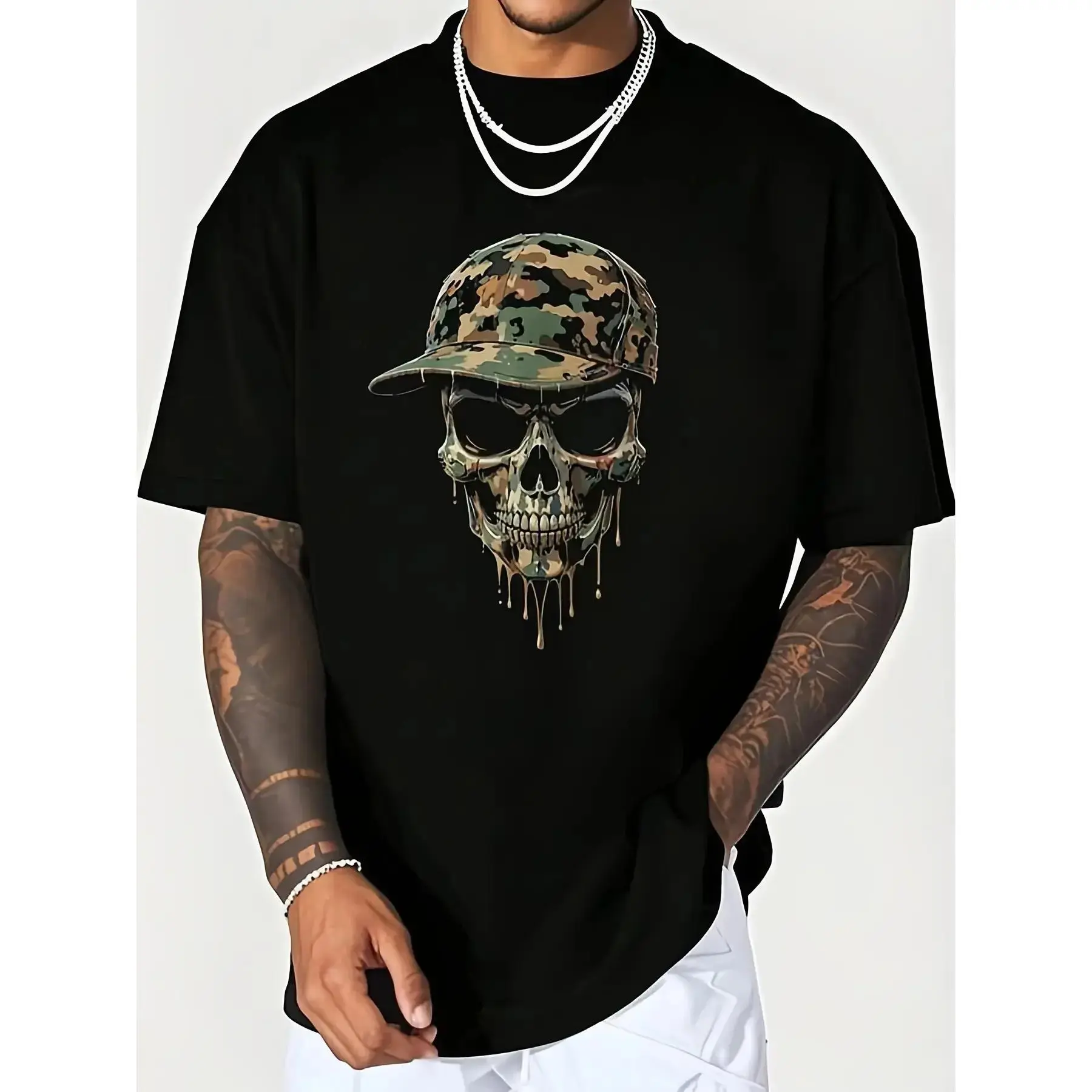 Black Camo Camouflage Skull Print T-Shirt, Unisex Casual Crew Neck Lightweight Soft Graphic Tee for Men and Women